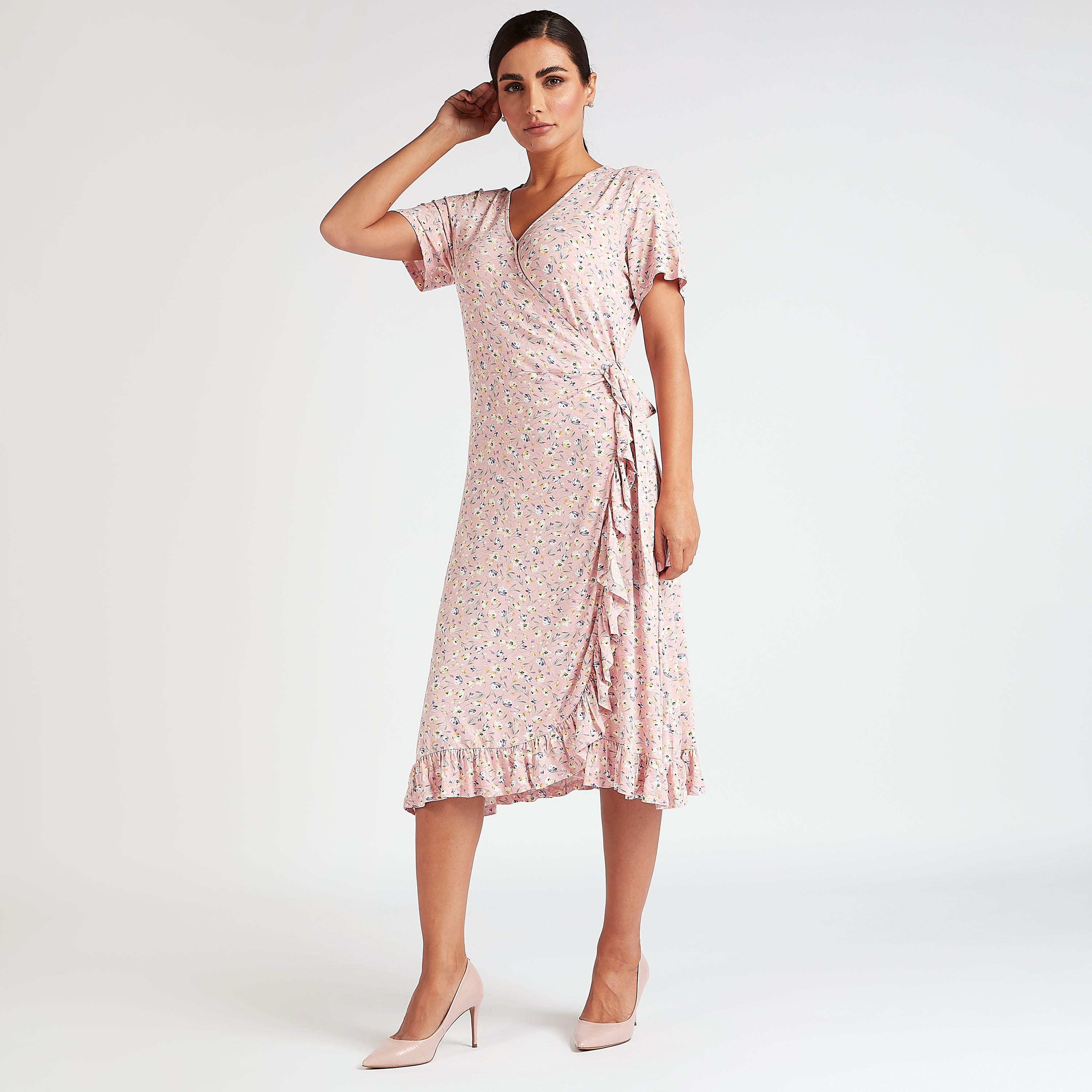 فستان ملفوف ميدي إيه لاين بطبعات أزهار وأكمام قصيرة وكشكشة-women-clothing-dresses-image-1