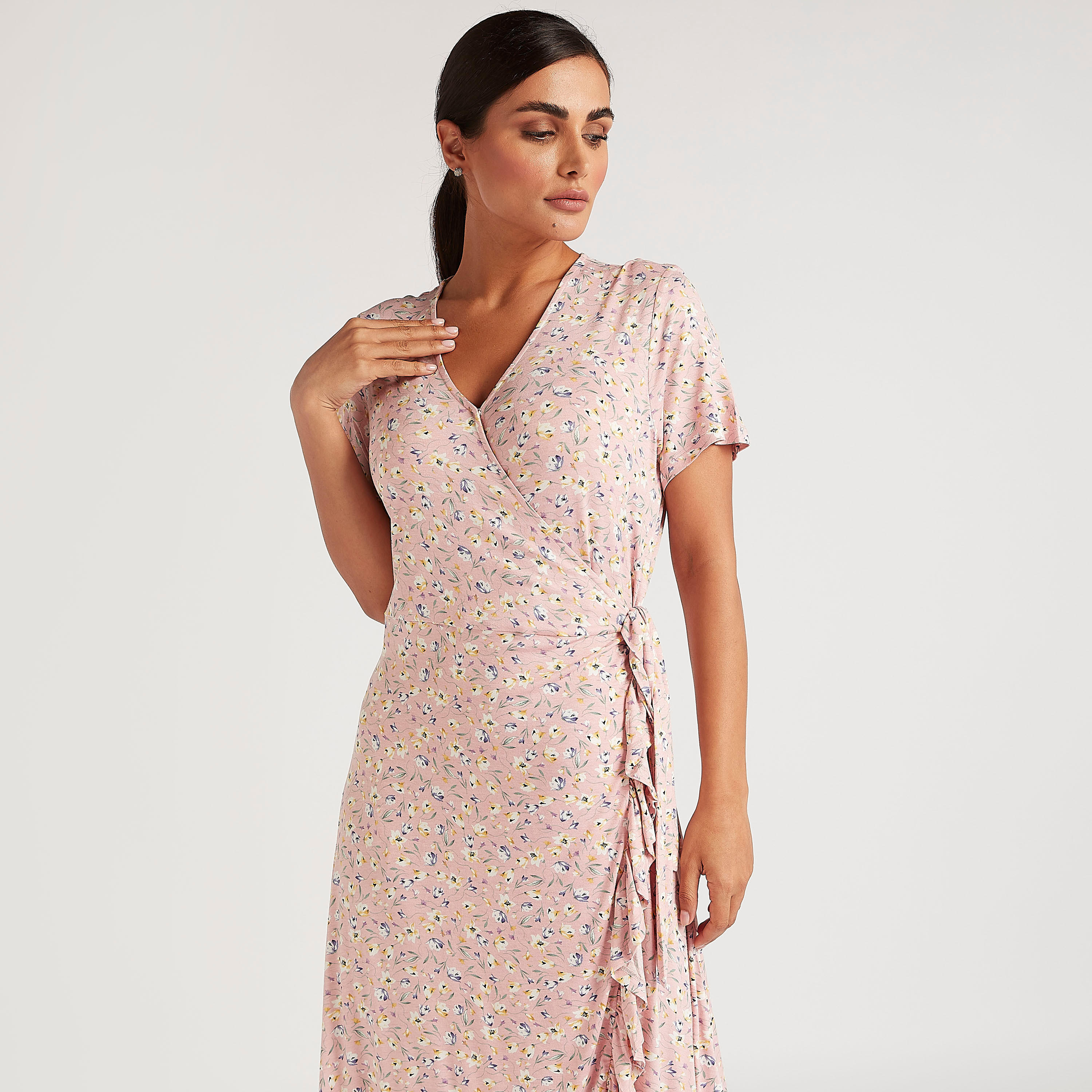 فستان ملفوف ميدي إيه لاين بطبعات أزهار وأكمام قصيرة وكشكشة-women-clothing-dresses-image-2