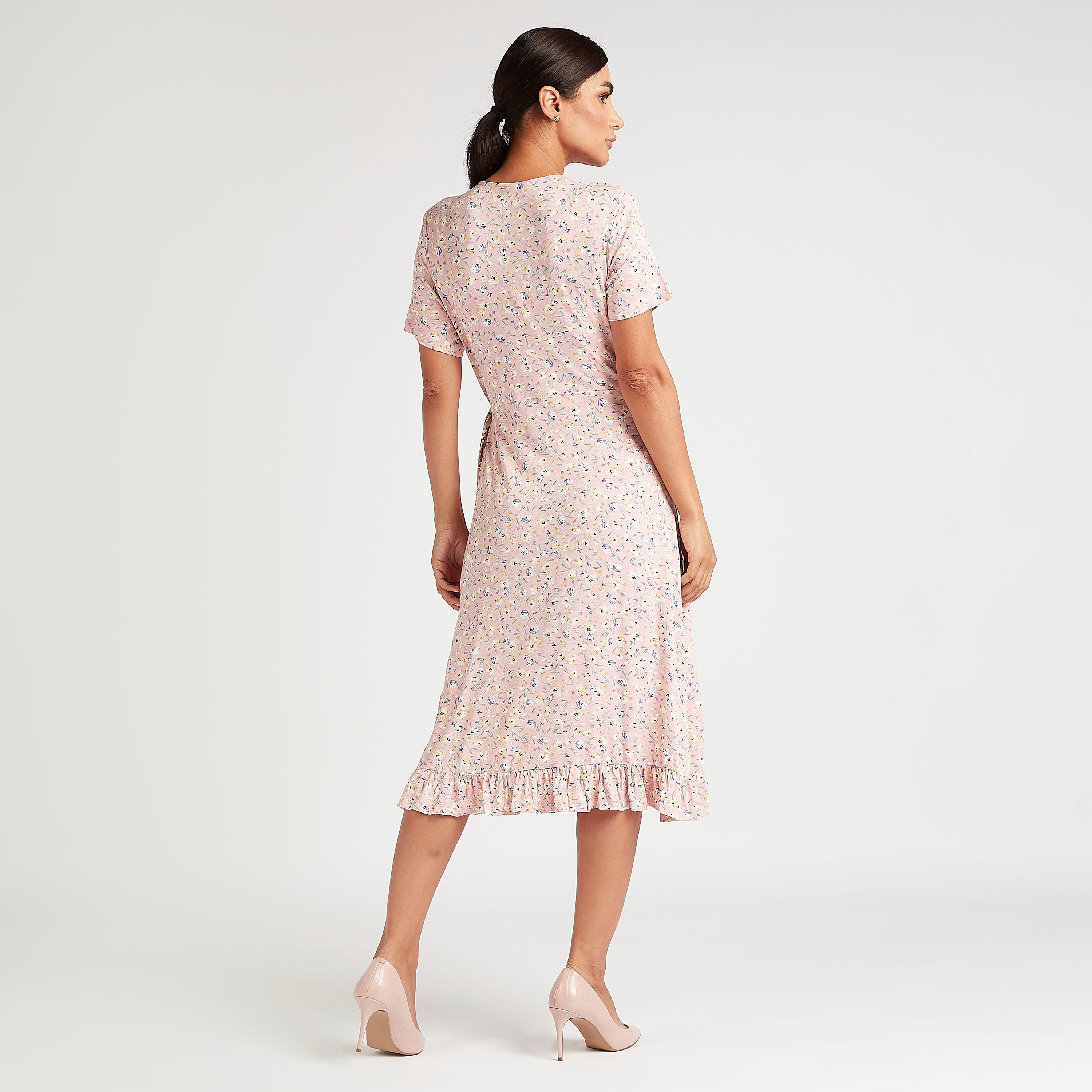 فستان ملفوف ميدي إيه لاين بطبعات أزهار وأكمام قصيرة وكشكشة-women-clothing-dresses-image-4