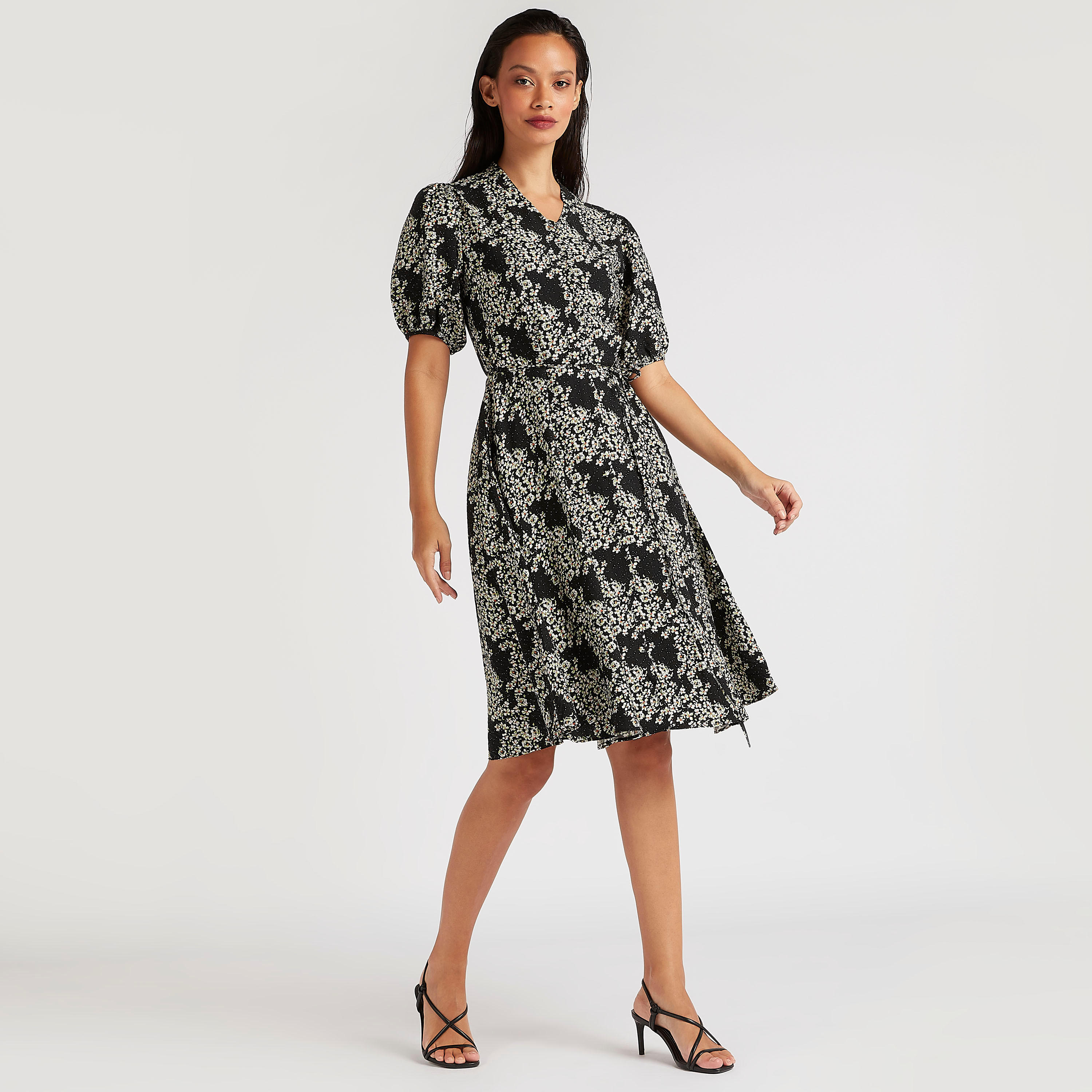 فستان ميدي إيه لاين بطبعات أزهار وأكمام قصيرة منفوخة-women-clothing-dresses-image-2