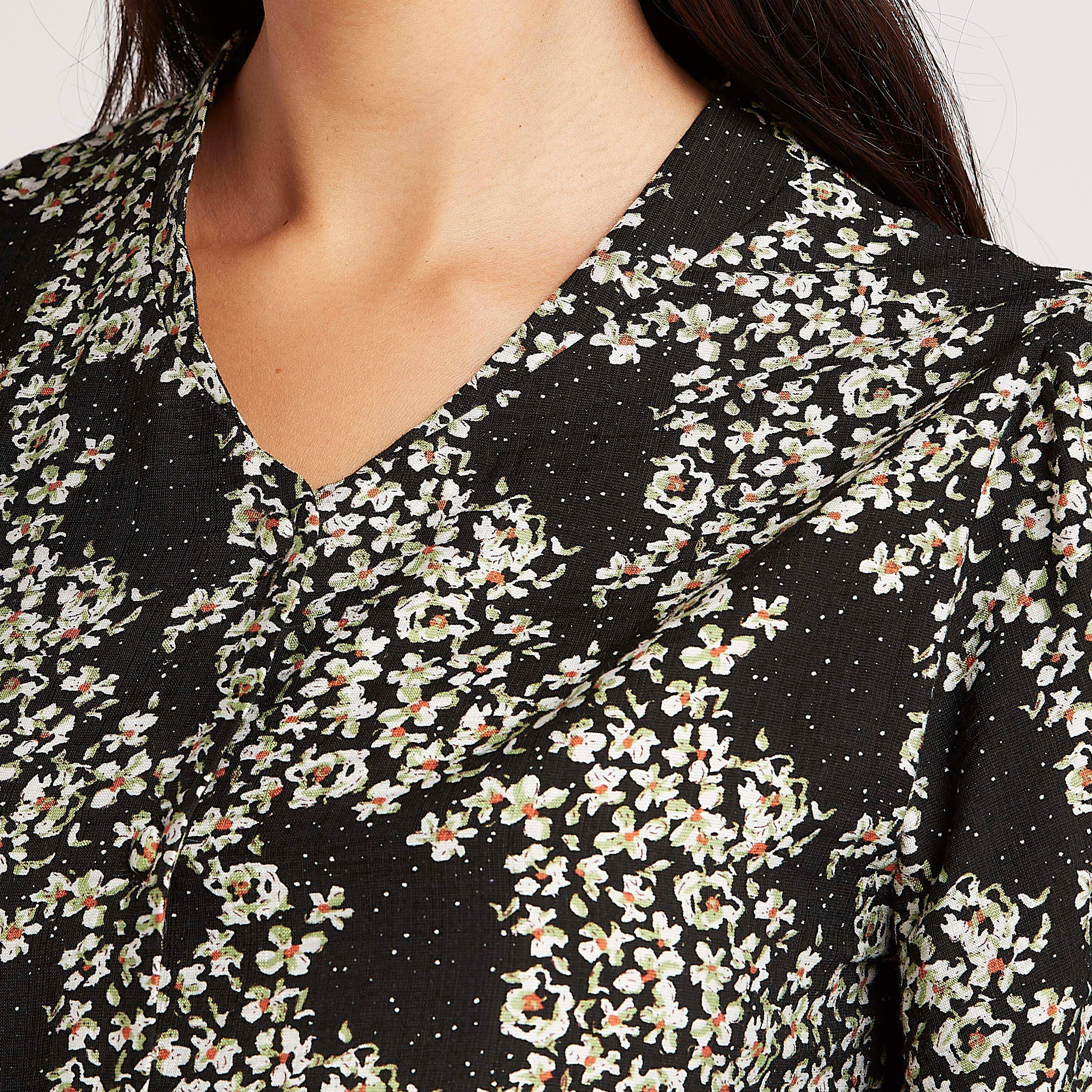 فستان ميدي إيه لاين بطبعات أزهار وأكمام قصيرة منفوخة-women-clothing-dresses-image-3