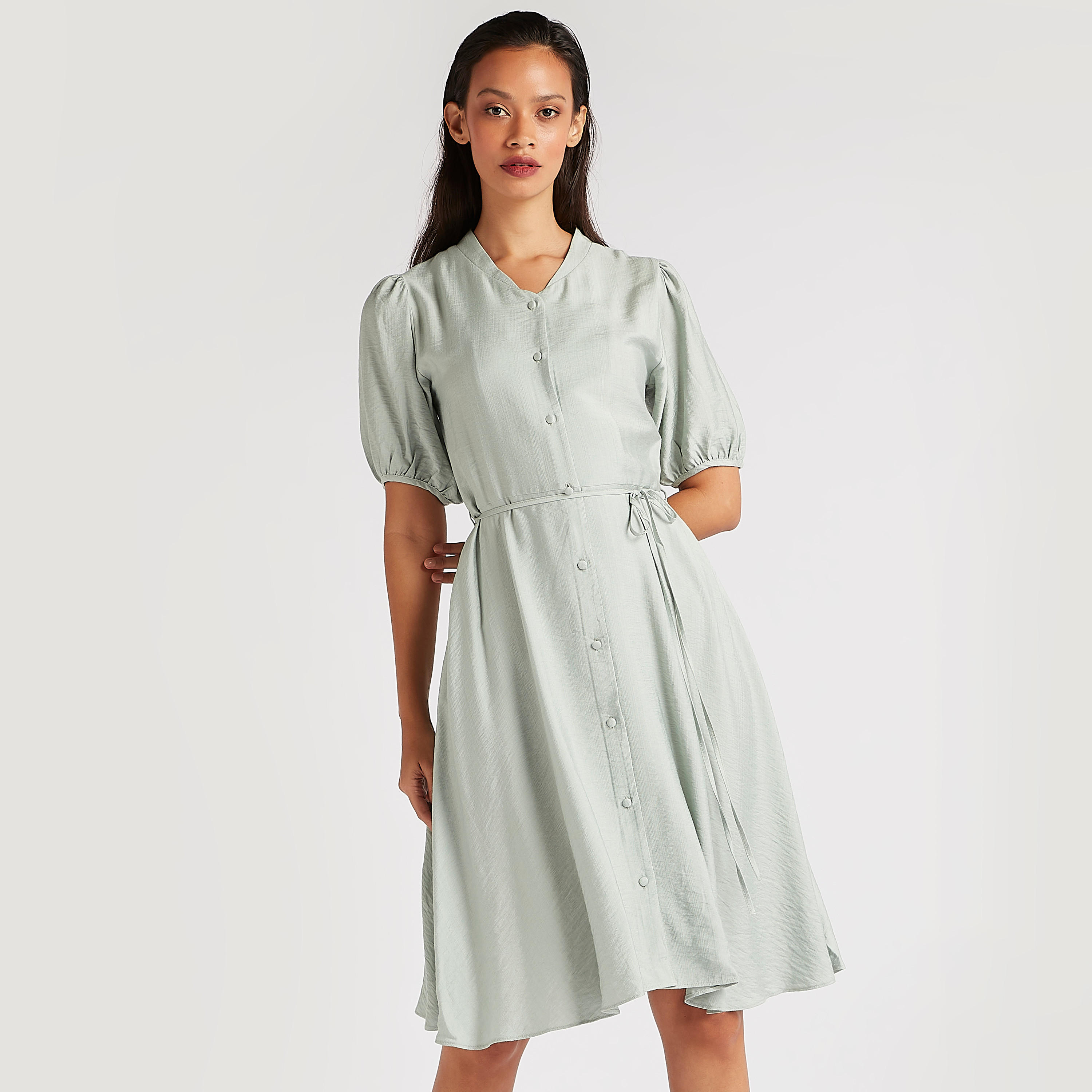 فستان إيه لاين ميدي سادة بأكمام قصيرة منفوخة و أربطة على الخصر-women-clothing-dresses-image-1
