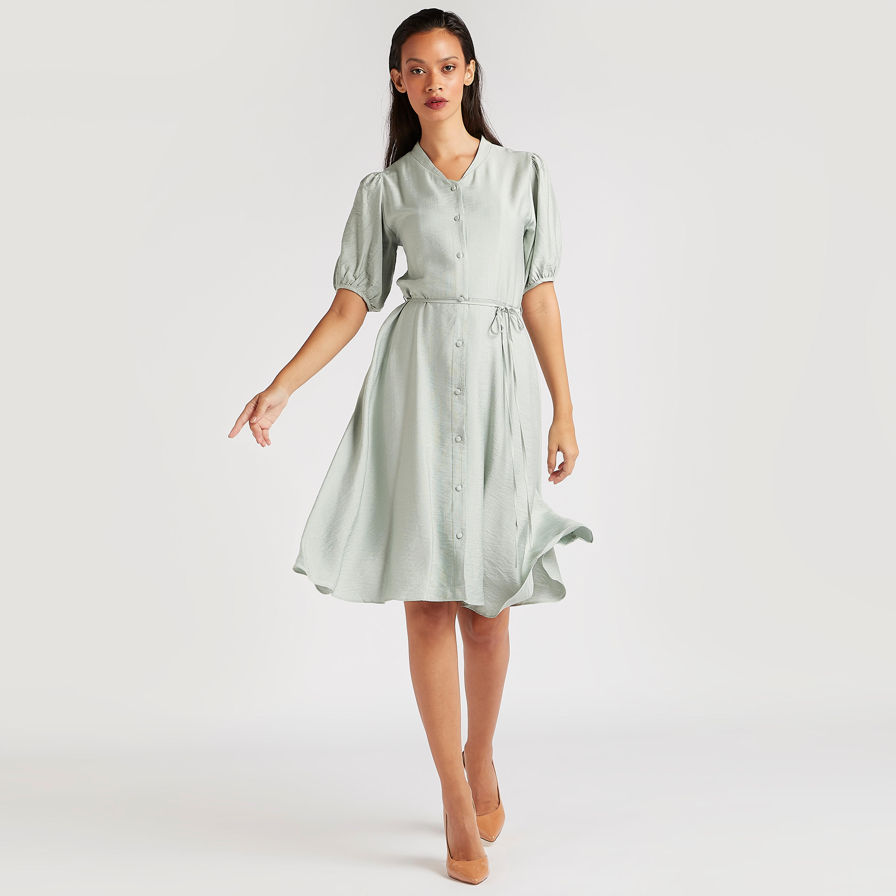 فستان إيه لاين ميدي سادة بأكمام قصيرة منفوخة و أربطة على الخصر-women-clothing-dresses-image-2