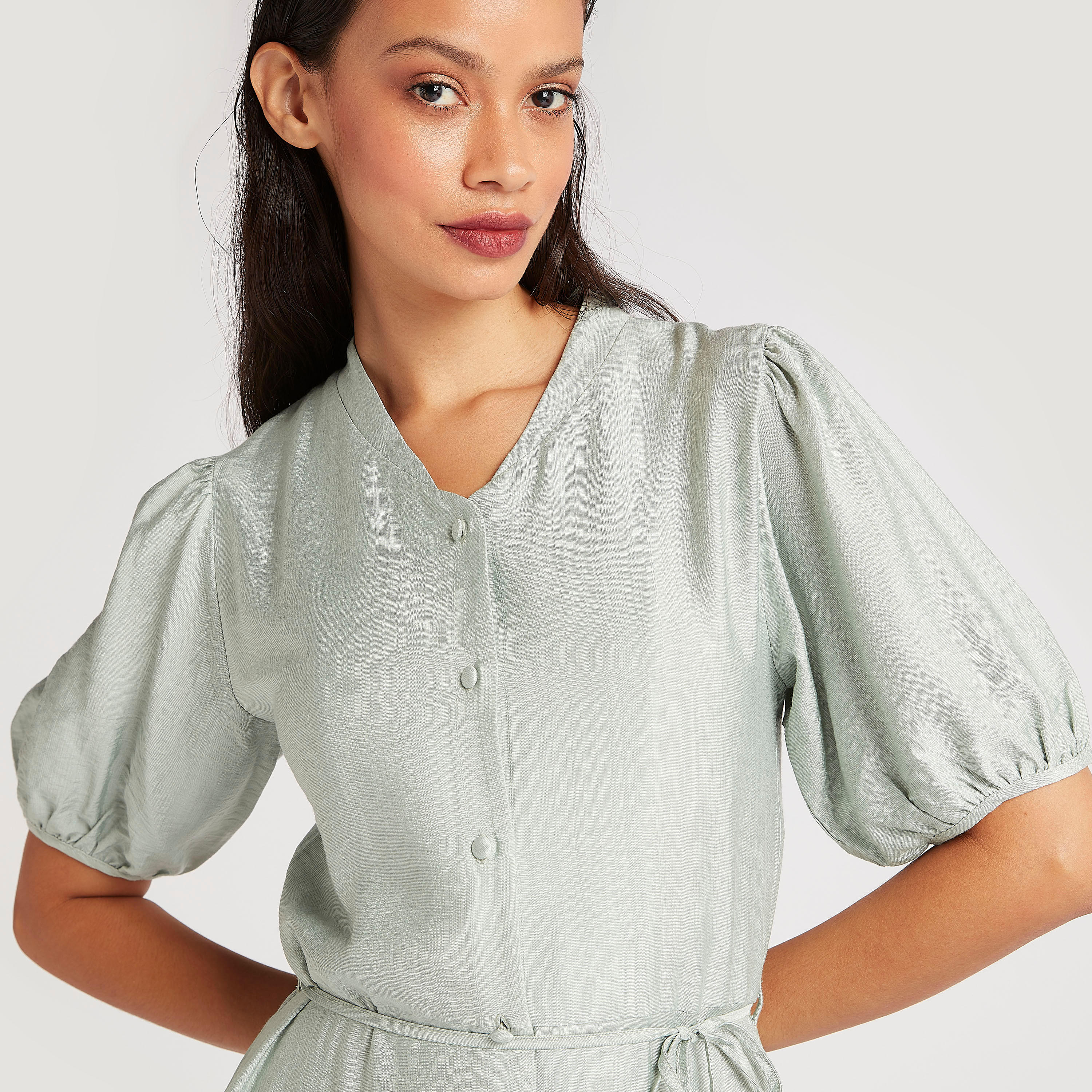 فستان إيه لاين ميدي سادة بأكمام قصيرة منفوخة و أربطة على الخصر-women-clothing-dresses-image-3