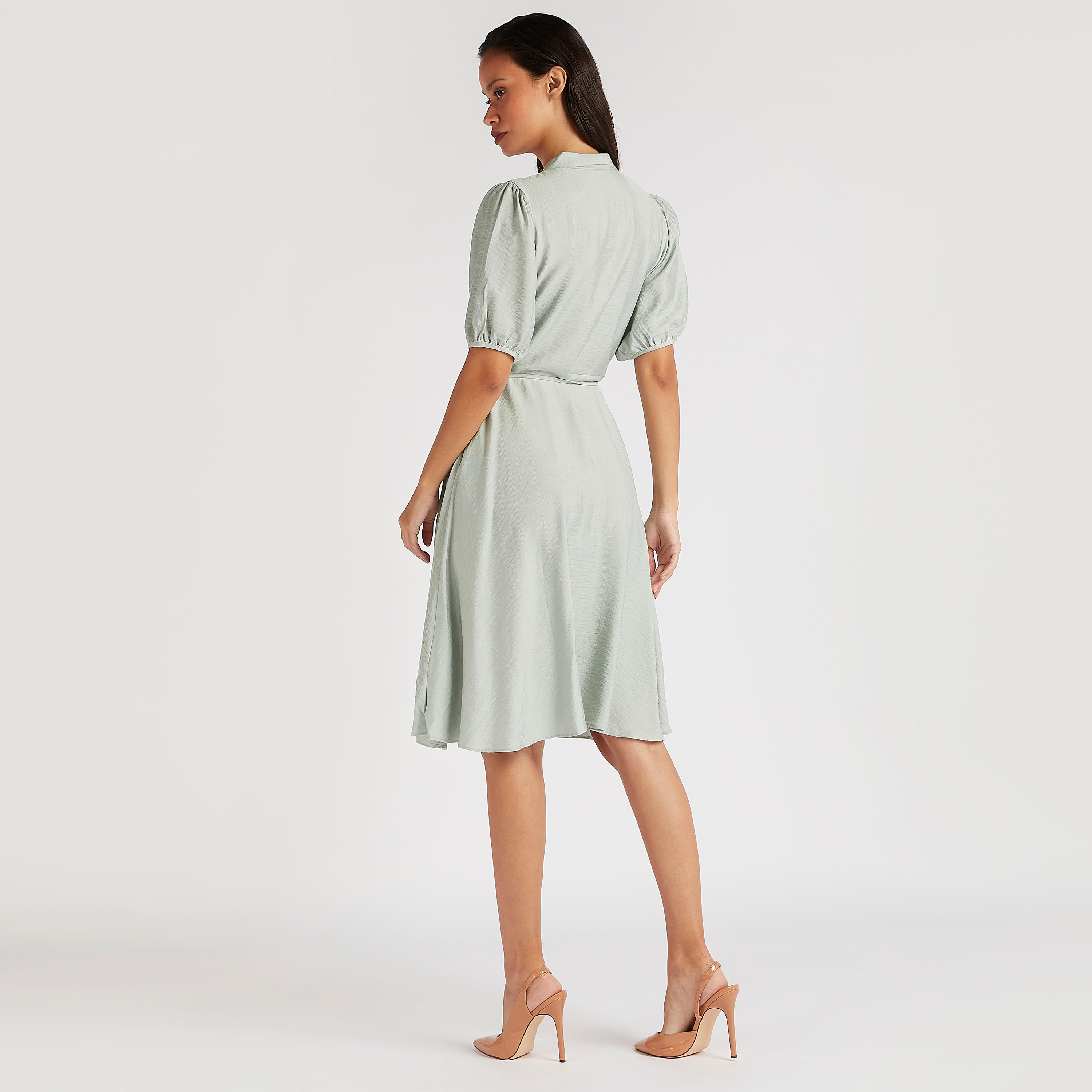 فستان إيه لاين ميدي سادة بأكمام قصيرة منفوخة و أربطة على الخصر-women-clothing-dresses-image-5