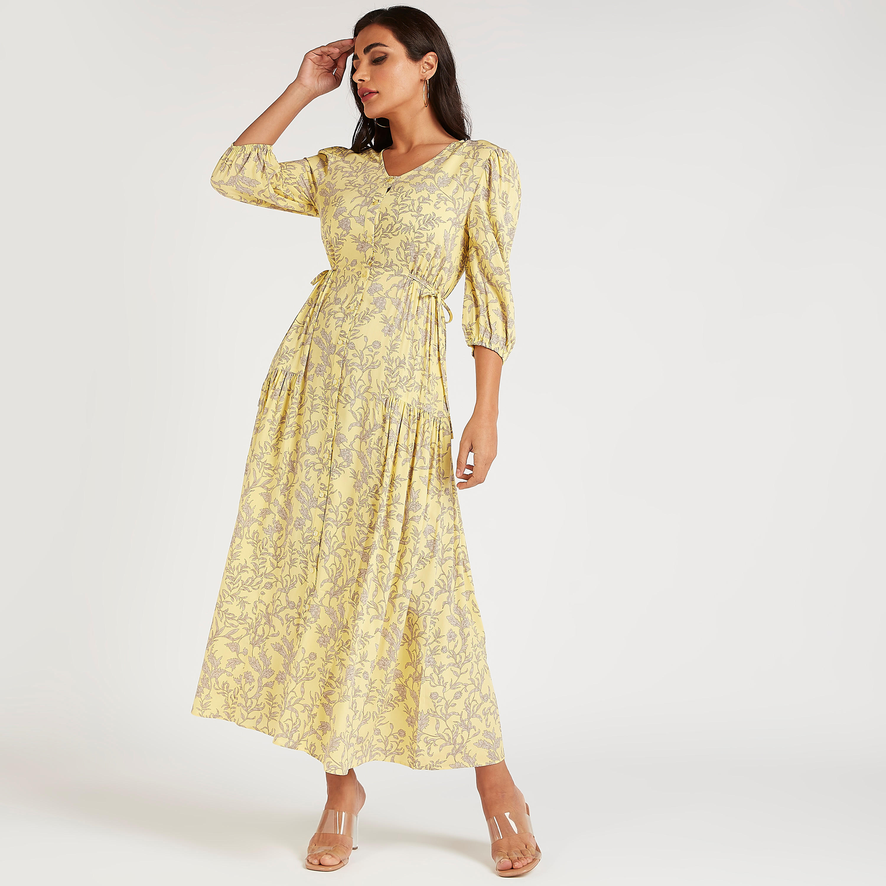 فستان إيه لاين طويل بطبعات استوائيّة وأكمام 3/4-women-clothing-dresses-image-1