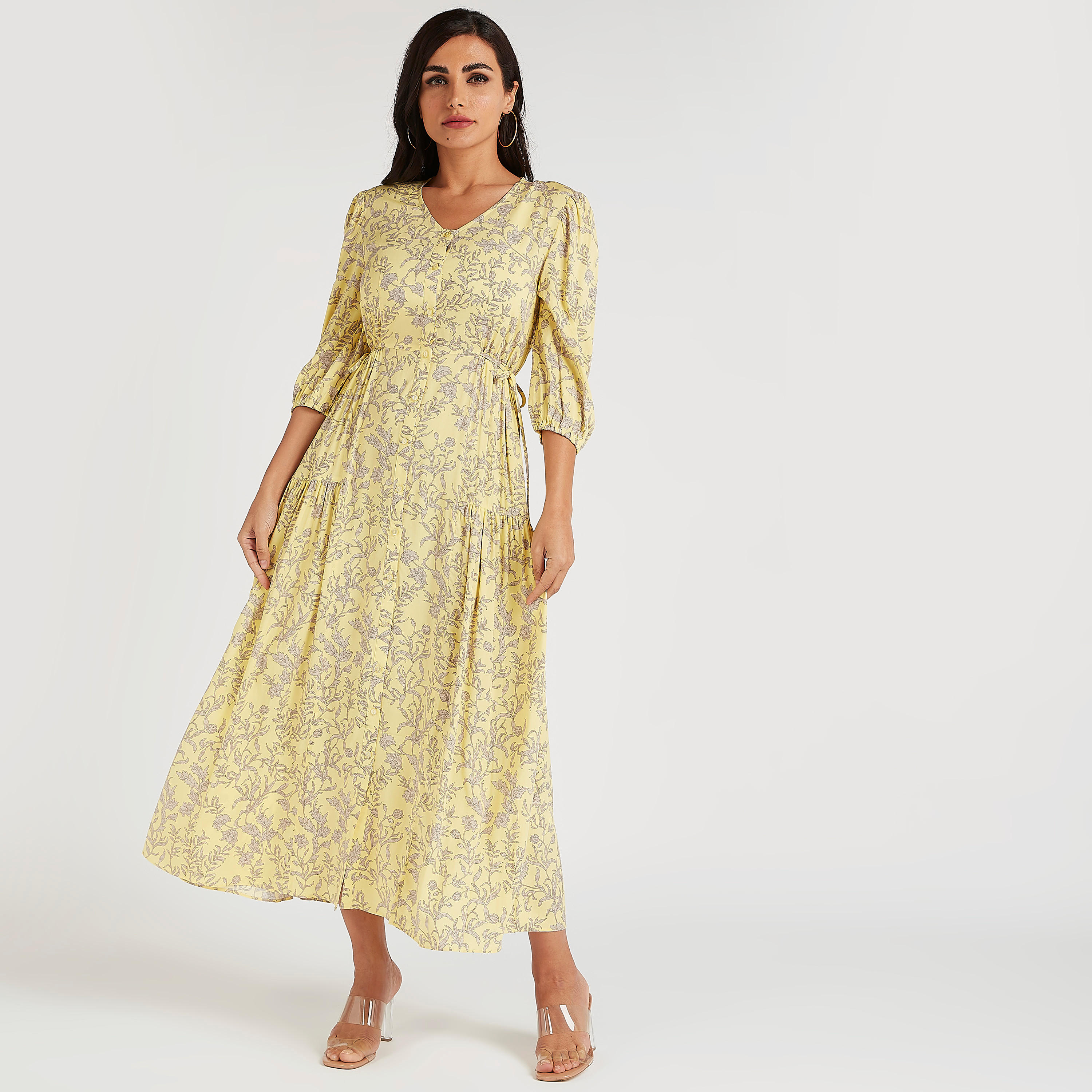 فستان إيه لاين طويل بطبعات استوائيّة وأكمام 3/4-women-clothing-dresses-image-2