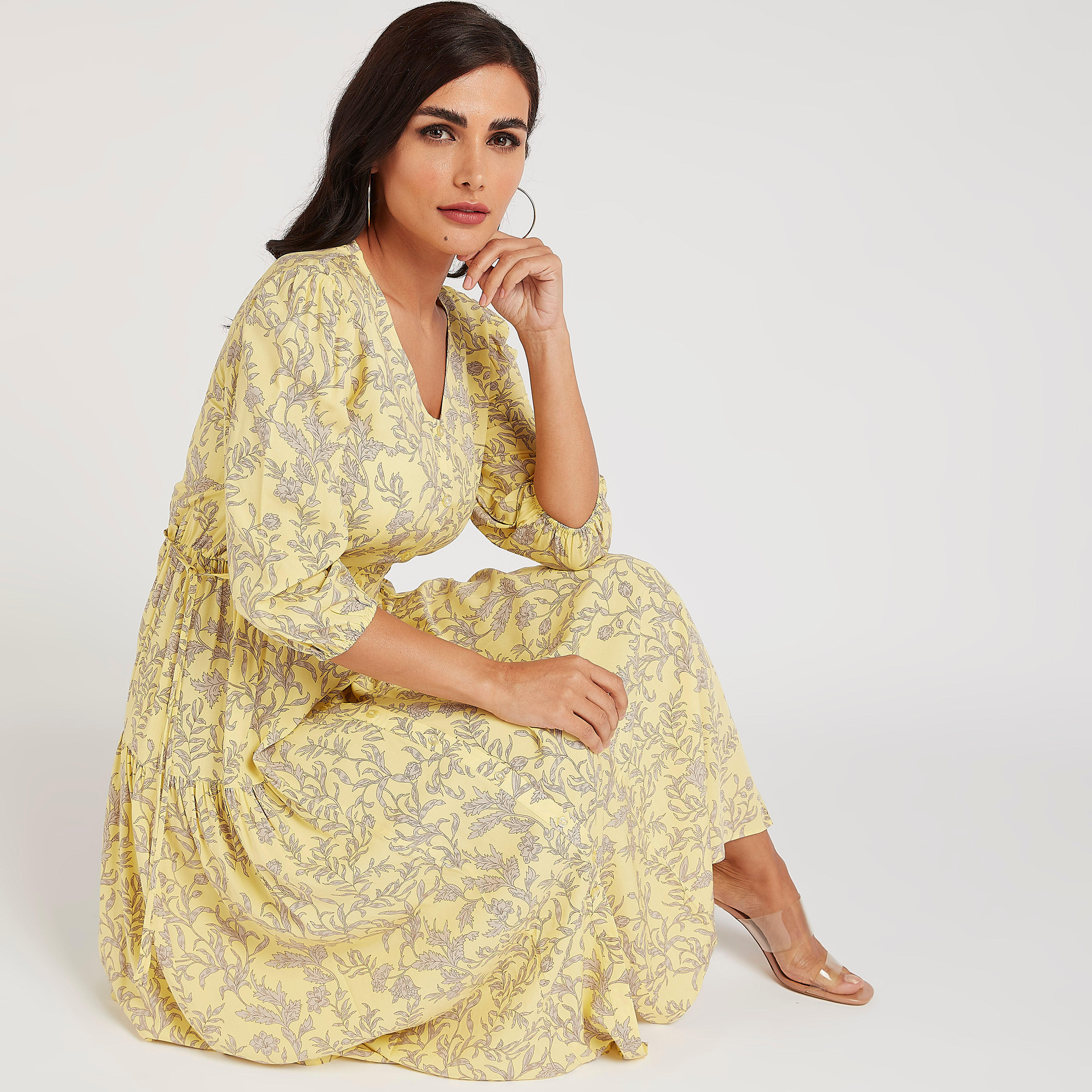 فستان إيه لاين طويل بطبعات استوائيّة وأكمام 3/4-women-clothing-dresses-image-5