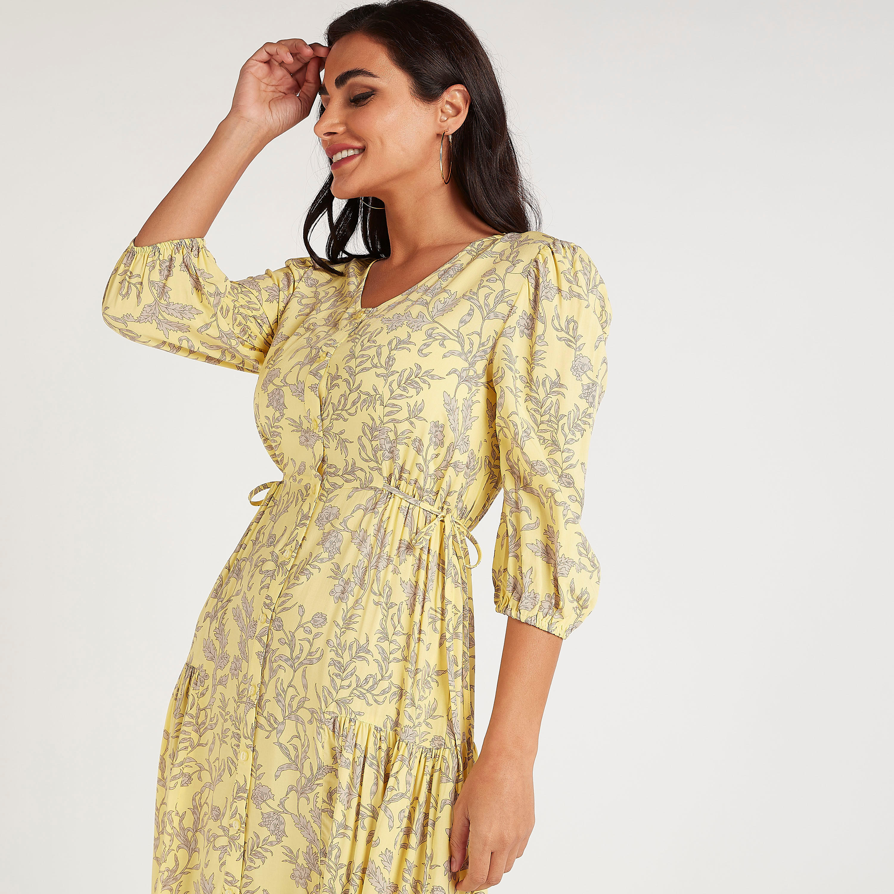 فستان إيه لاين طويل بطبعات استوائيّة وأكمام 3/4-women-clothing-dresses-image-7