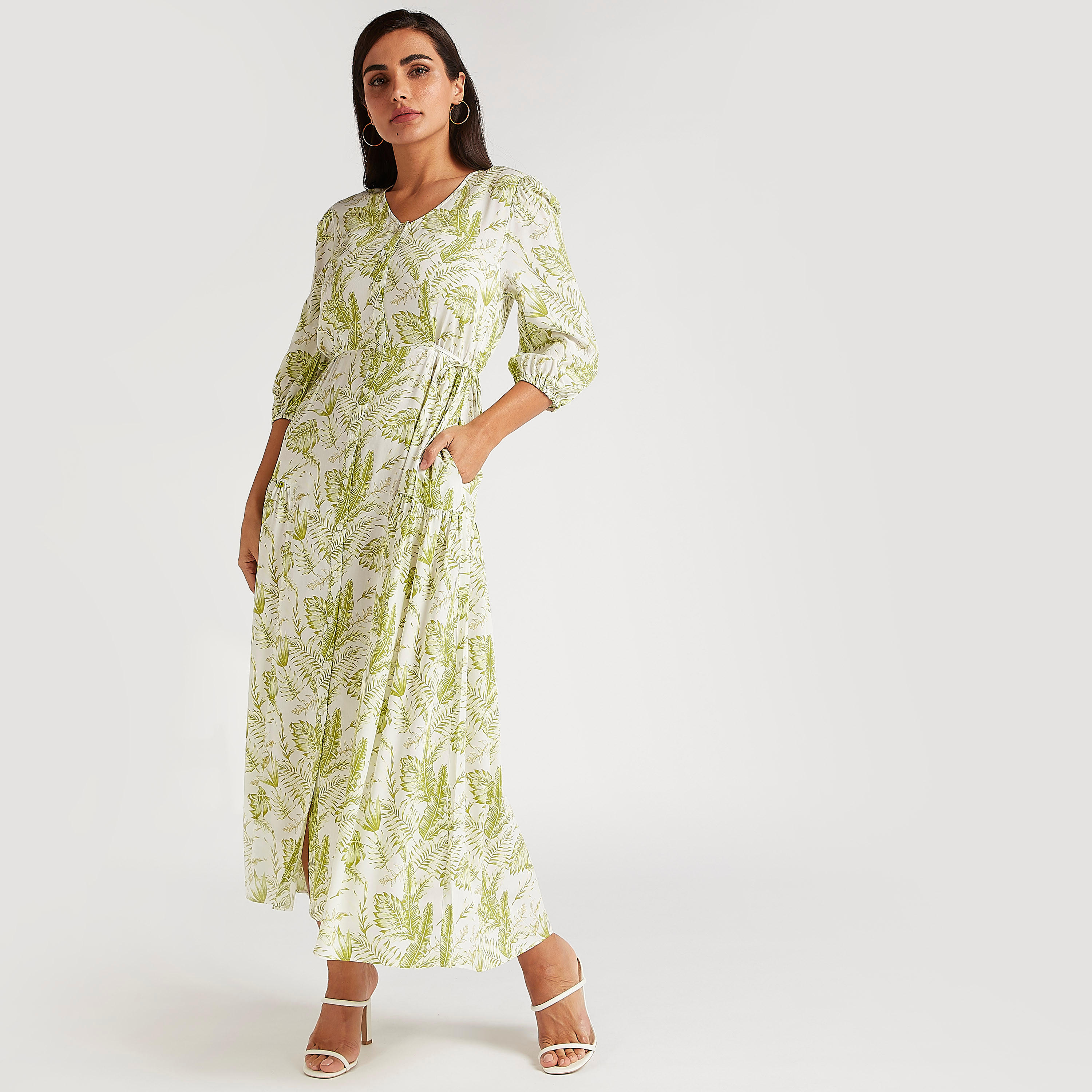 فستان إيه لاين طويل بطبعات استوائيّة وأكمام 3/4-women-clothing-dresses-image-1
