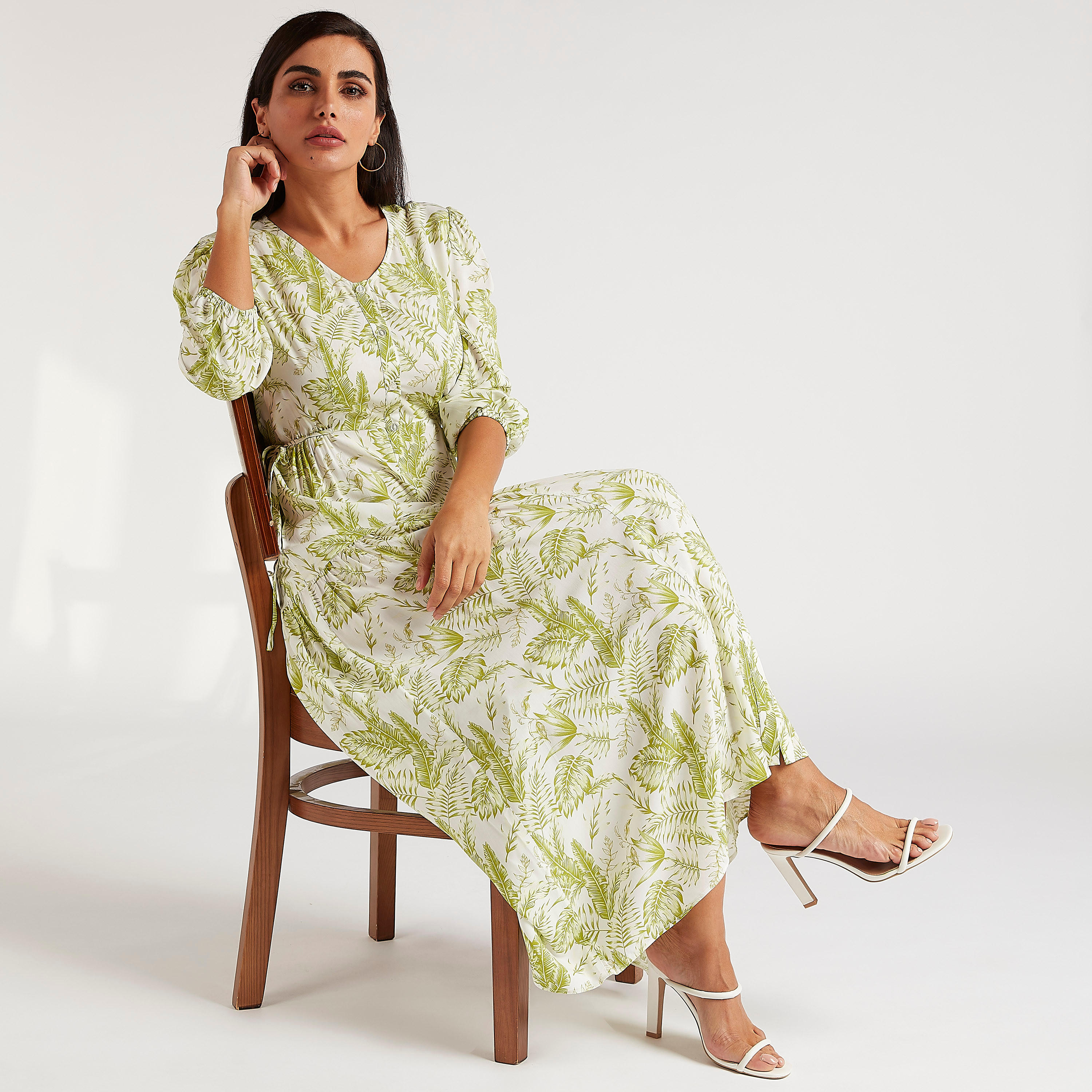فستان إيه لاين طويل بطبعات استوائيّة وأكمام 3/4-women-clothing-dresses-image-2