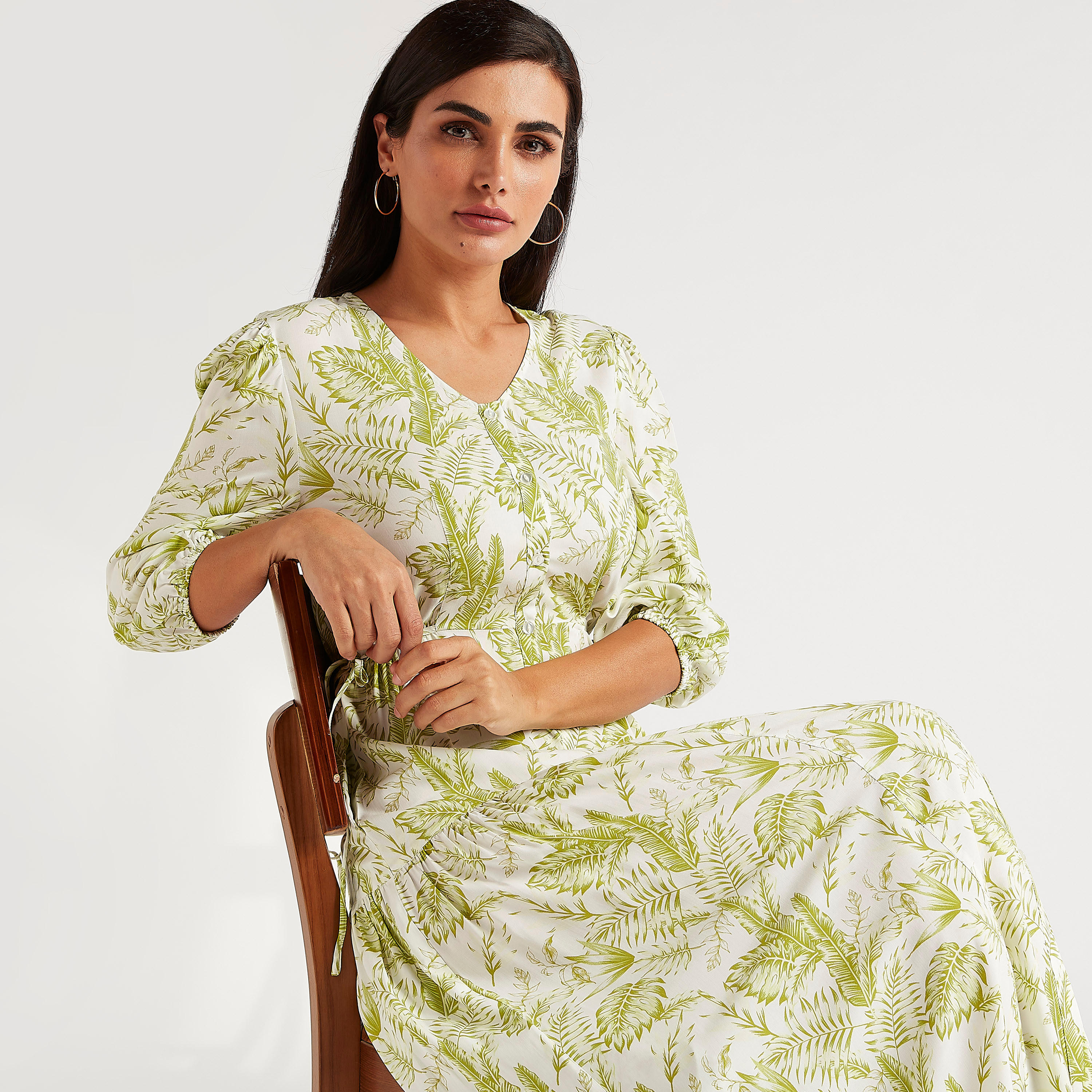 فستان إيه لاين طويل بطبعات استوائيّة وأكمام 3/4-women-clothing-dresses-image-5