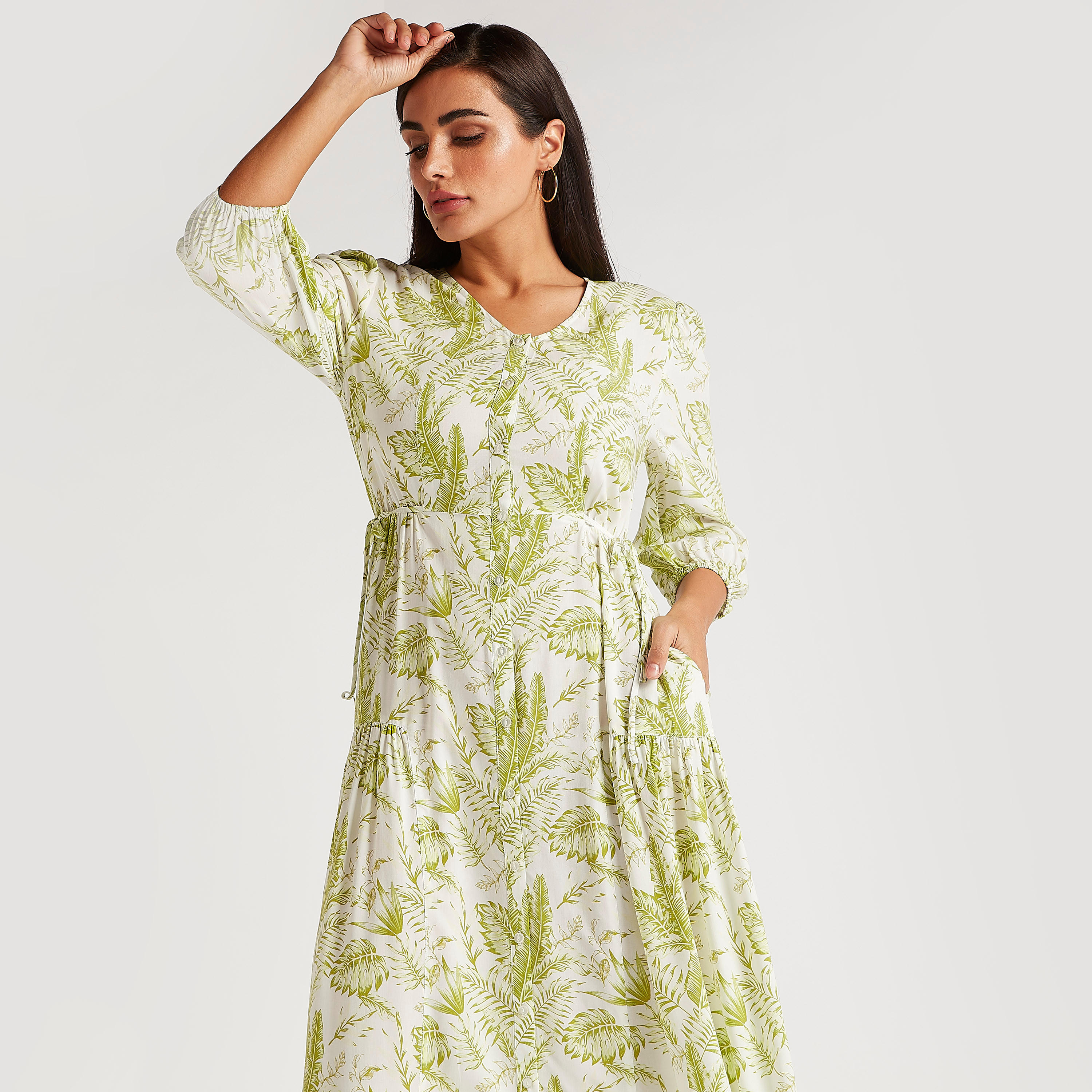فستان إيه لاين طويل بطبعات استوائيّة وأكمام 3/4-women-clothing-dresses-image-6