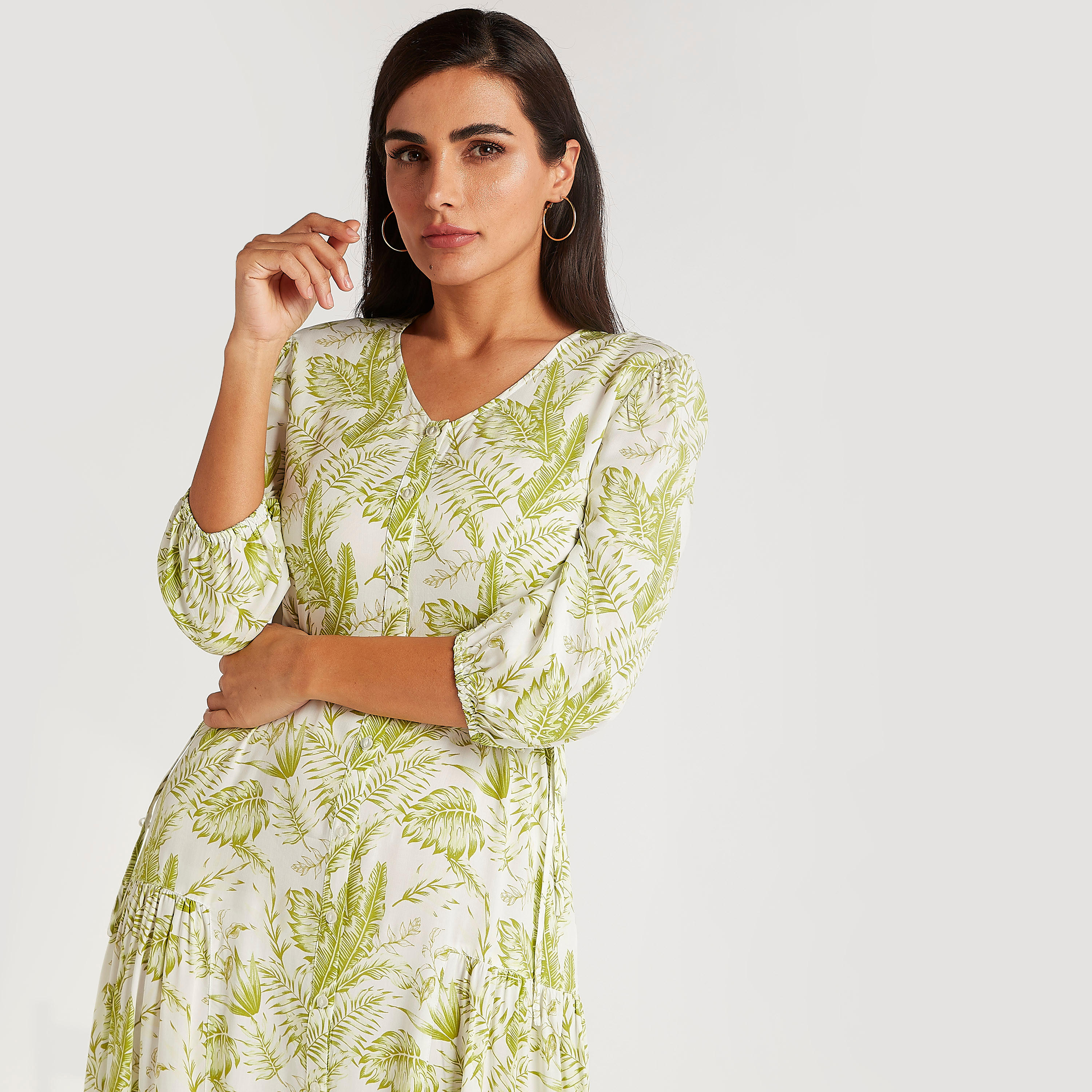 فستان إيه لاين طويل بطبعات استوائيّة وأكمام 3/4-women-clothing-dresses-image-7