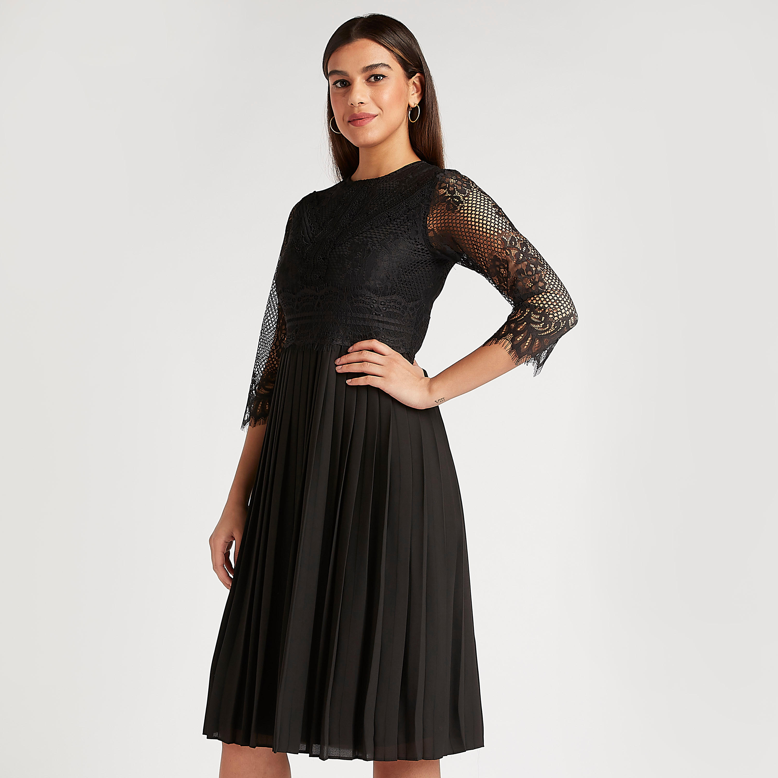 Lace Detail Midi A-line Dress with Crew Neck and 3/4 Sleeves-women-clothing-dresses-image-1