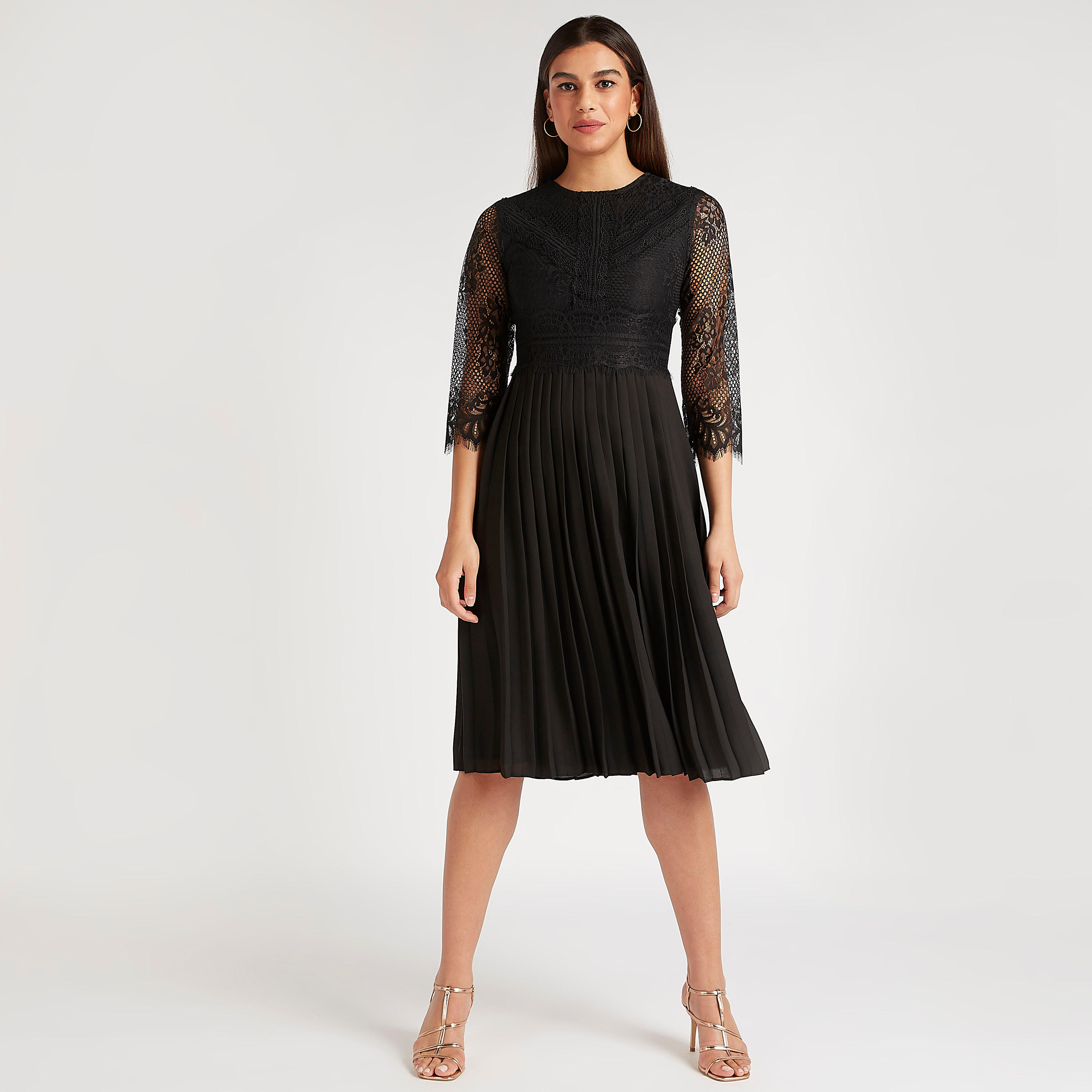 Lace Detail Midi A-line Dress with Crew Neck and 3/4 Sleeves-women-clothing-dresses-image-2