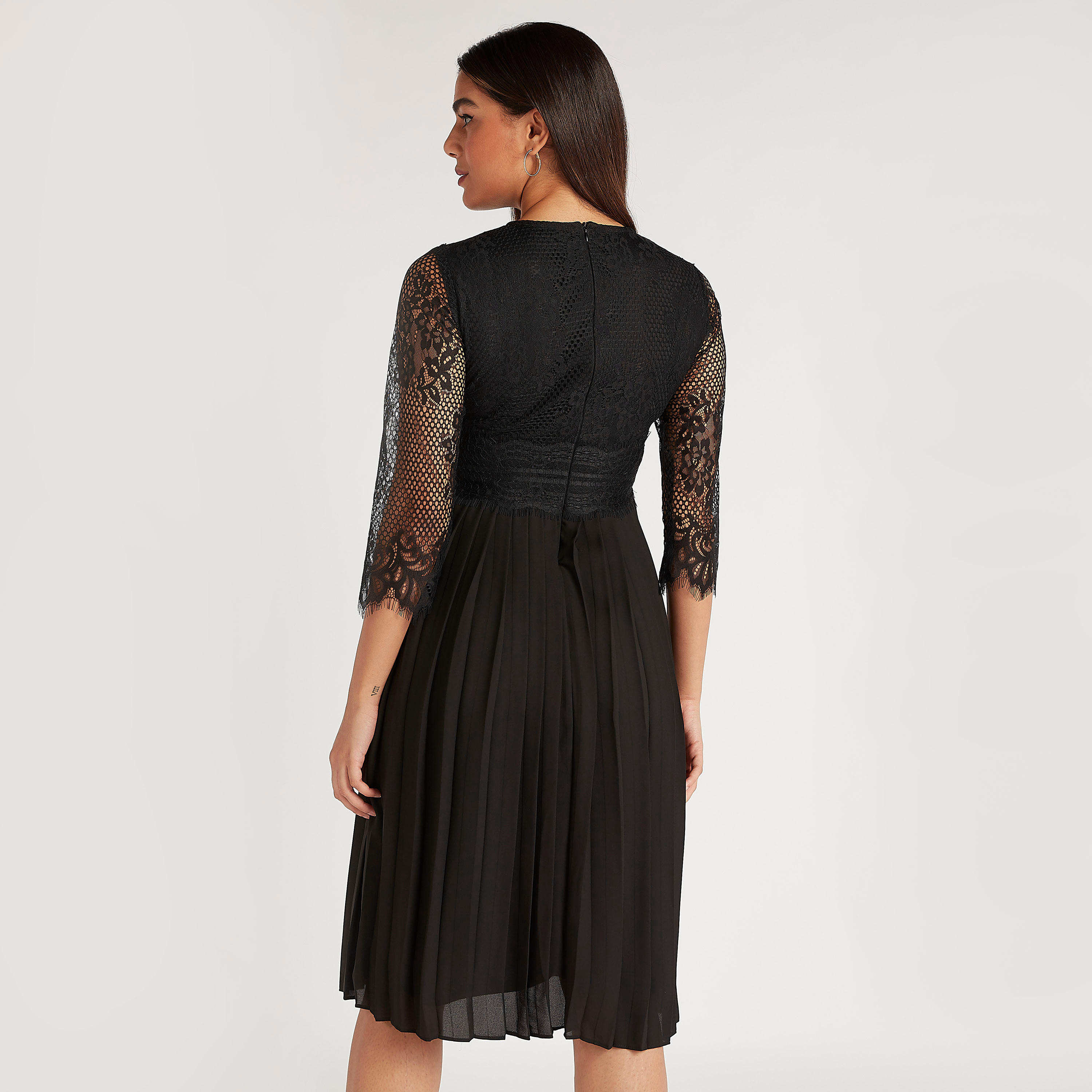 Lace Detail Midi A-line Dress with Crew Neck and 3/4 Sleeves-women-clothing-dresses-image-4