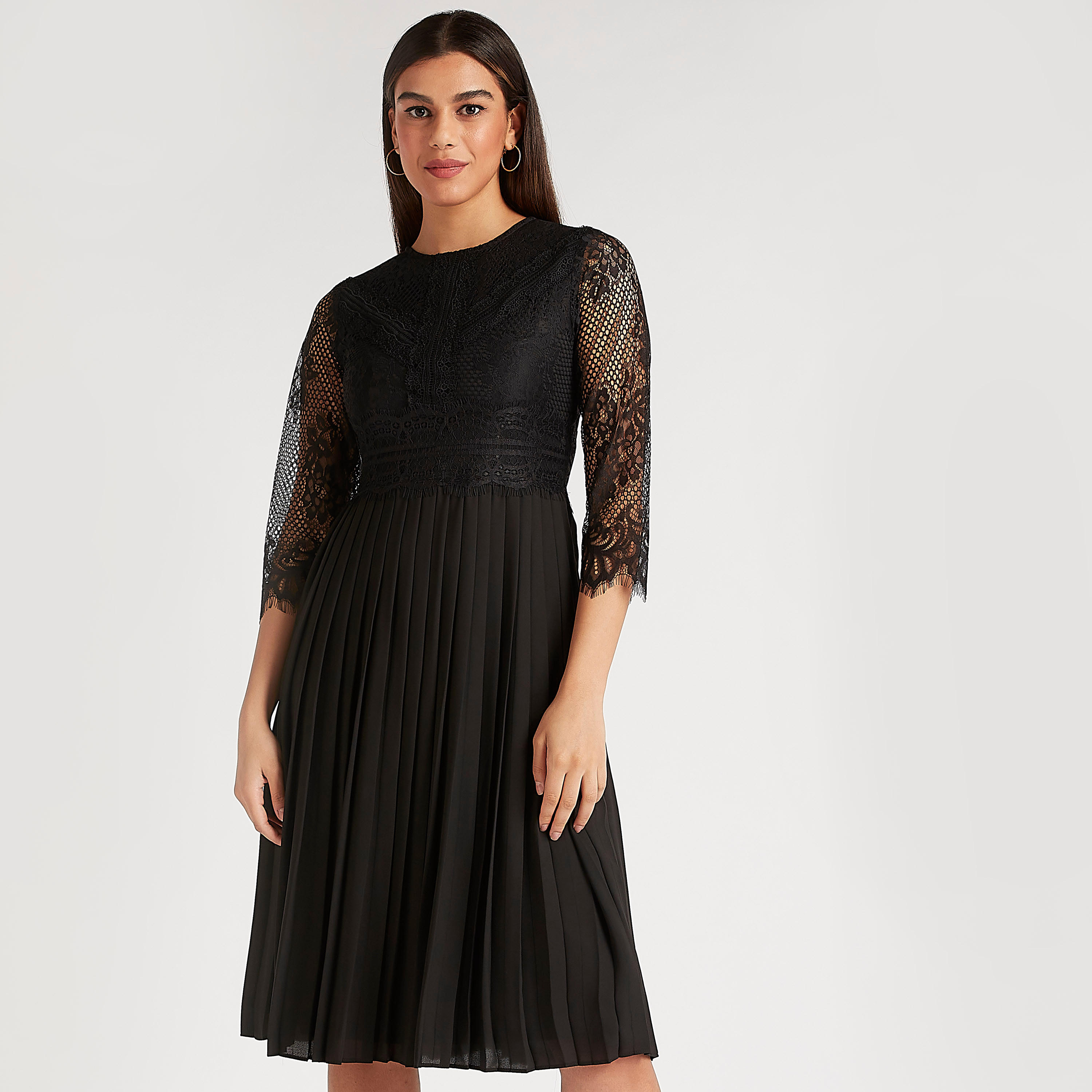 Lace Detail Midi A-line Dress with Crew Neck and 3/4 Sleeves-women-clothing-dresses-image-6