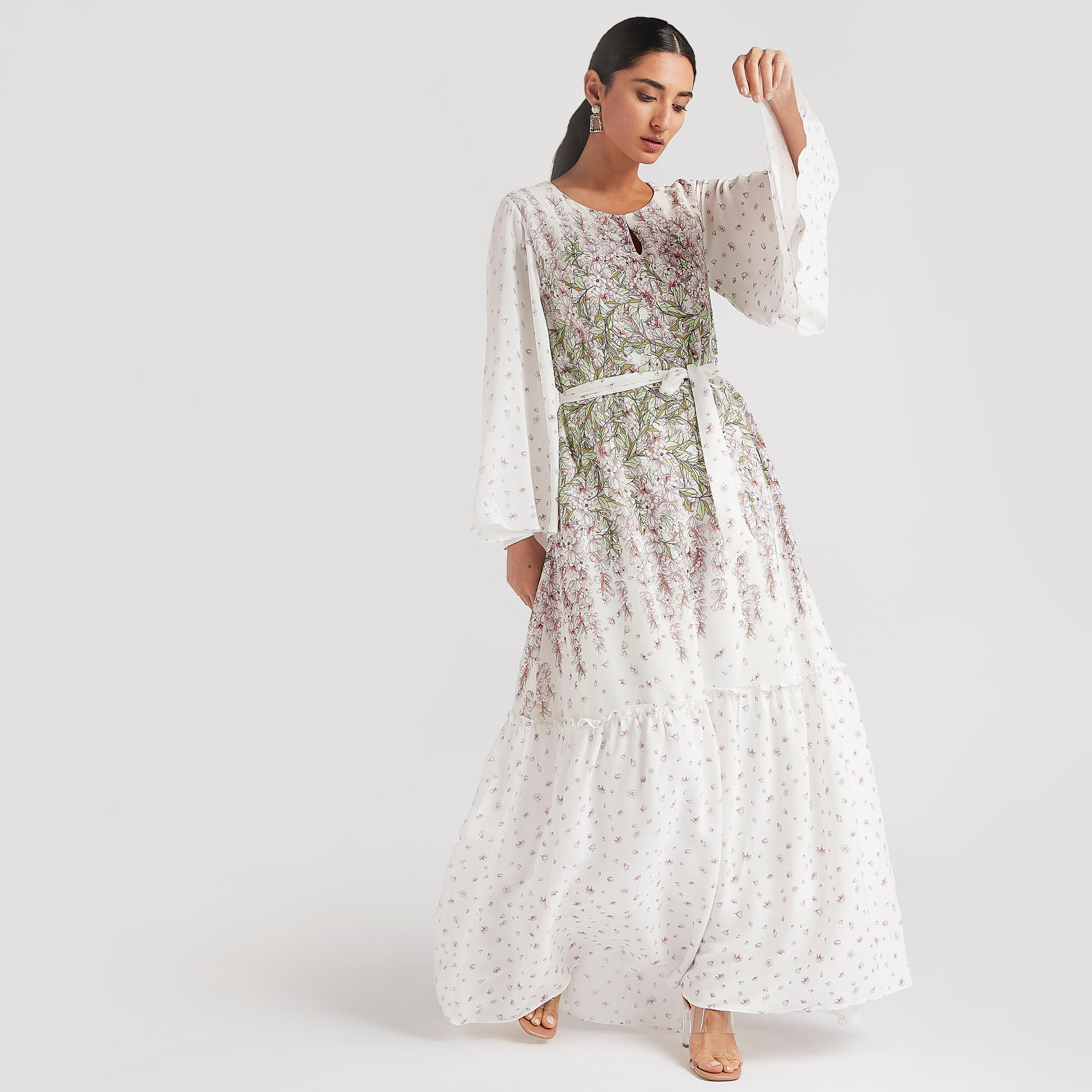 فستان طويل إيه لاين بأكمام واسعة وحزام-women-clothing-dresses-image-1