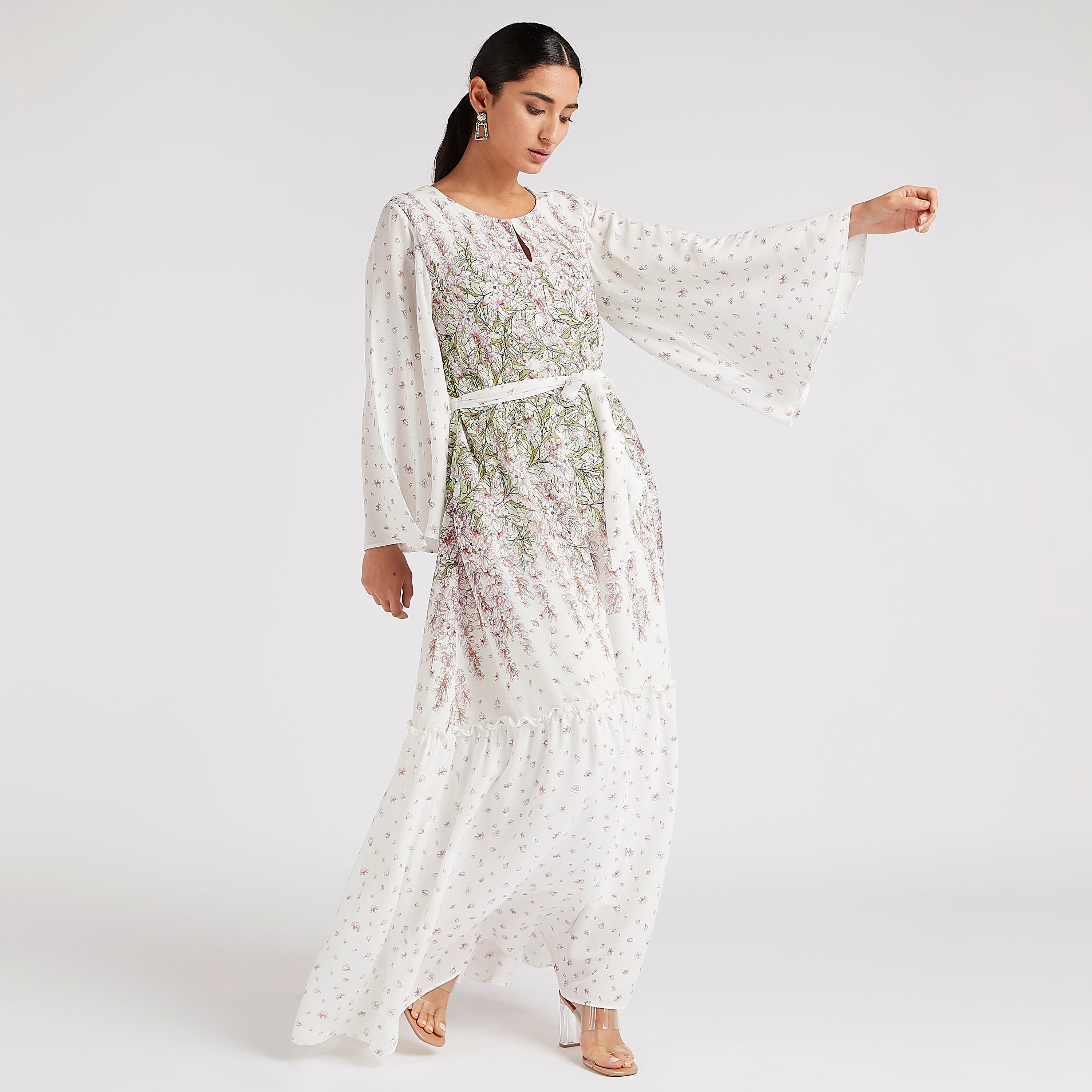 فستان طويل إيه لاين بأكمام واسعة وحزام-women-clothing-dresses-image-2