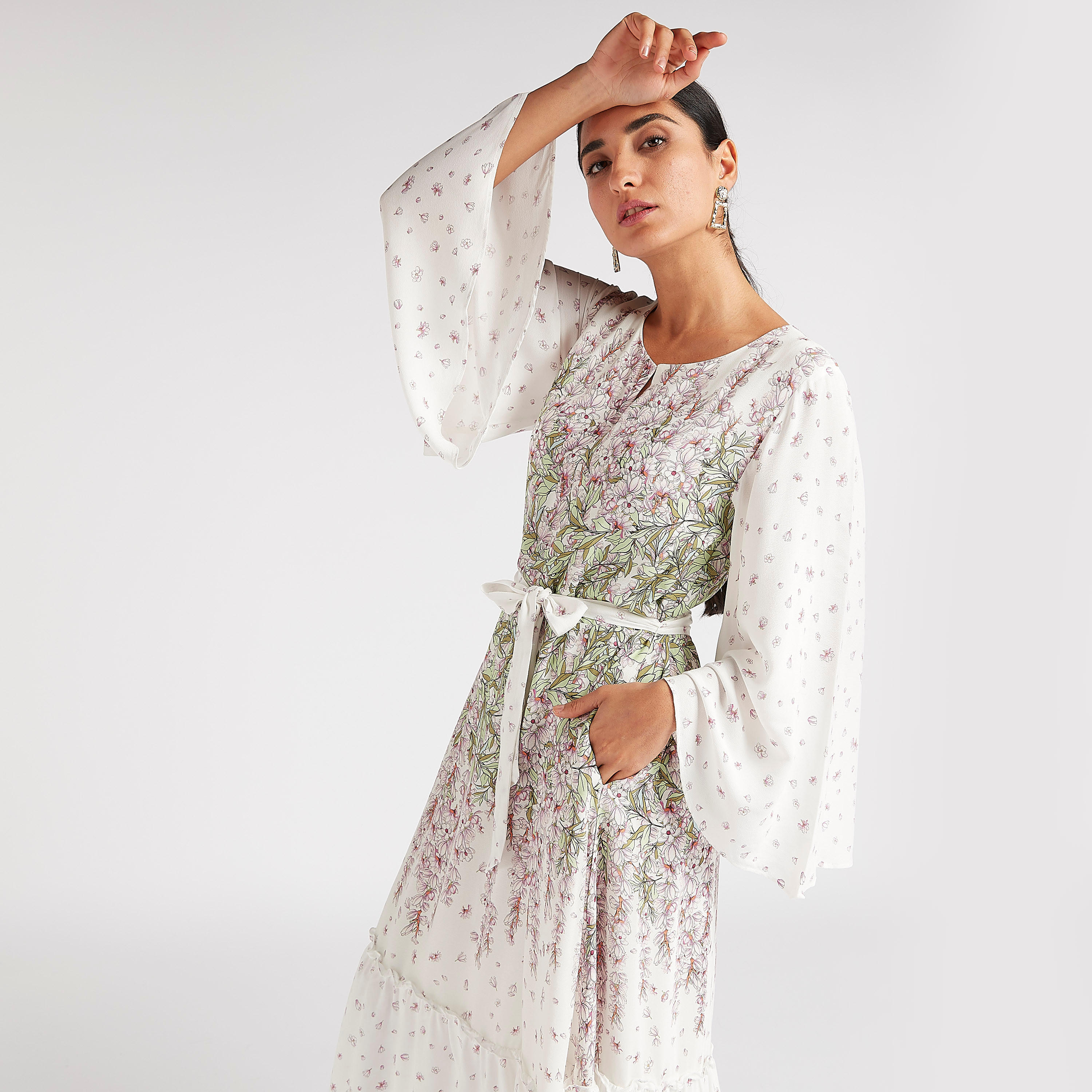 فستان طويل إيه لاين بأكمام واسعة وحزام-women-clothing-dresses-image-3