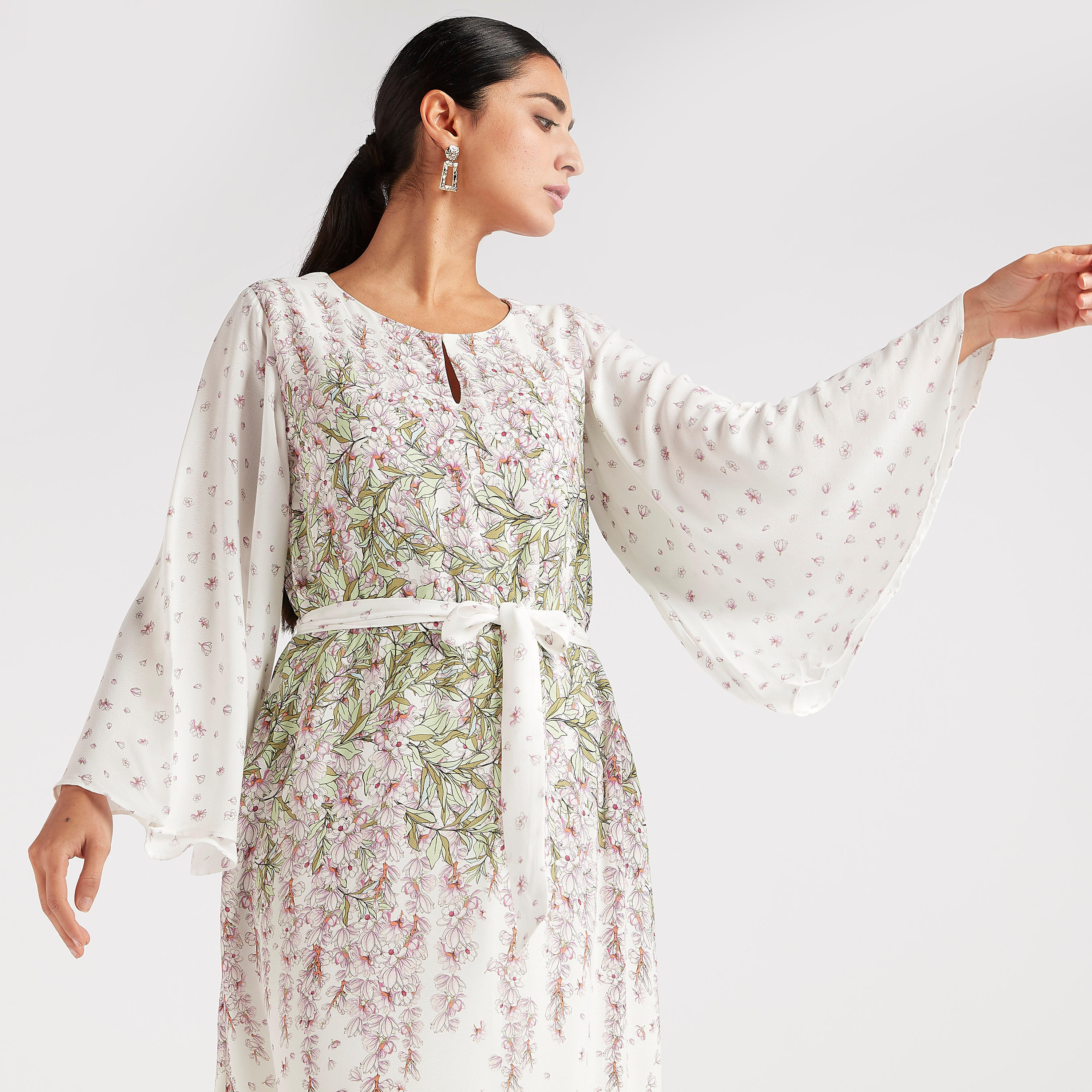 فستان طويل إيه لاين بأكمام واسعة وحزام-women-clothing-dresses-image-6