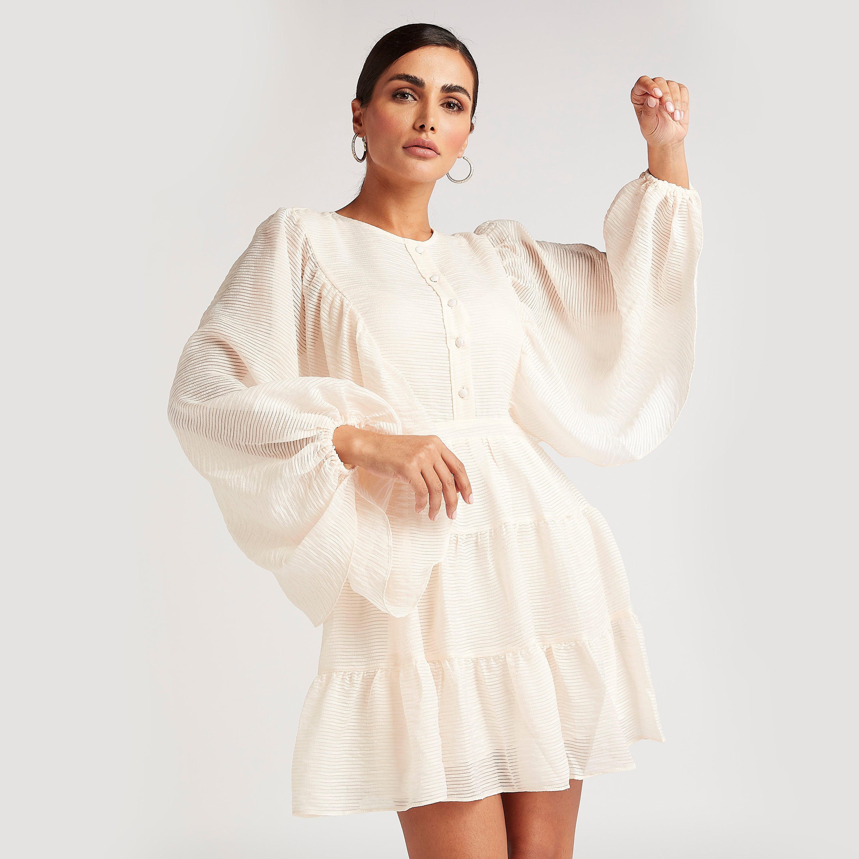 فستان واسع قصير بارز الملمس مع أكمام بيشوب-women-clothing-dresses-image-2