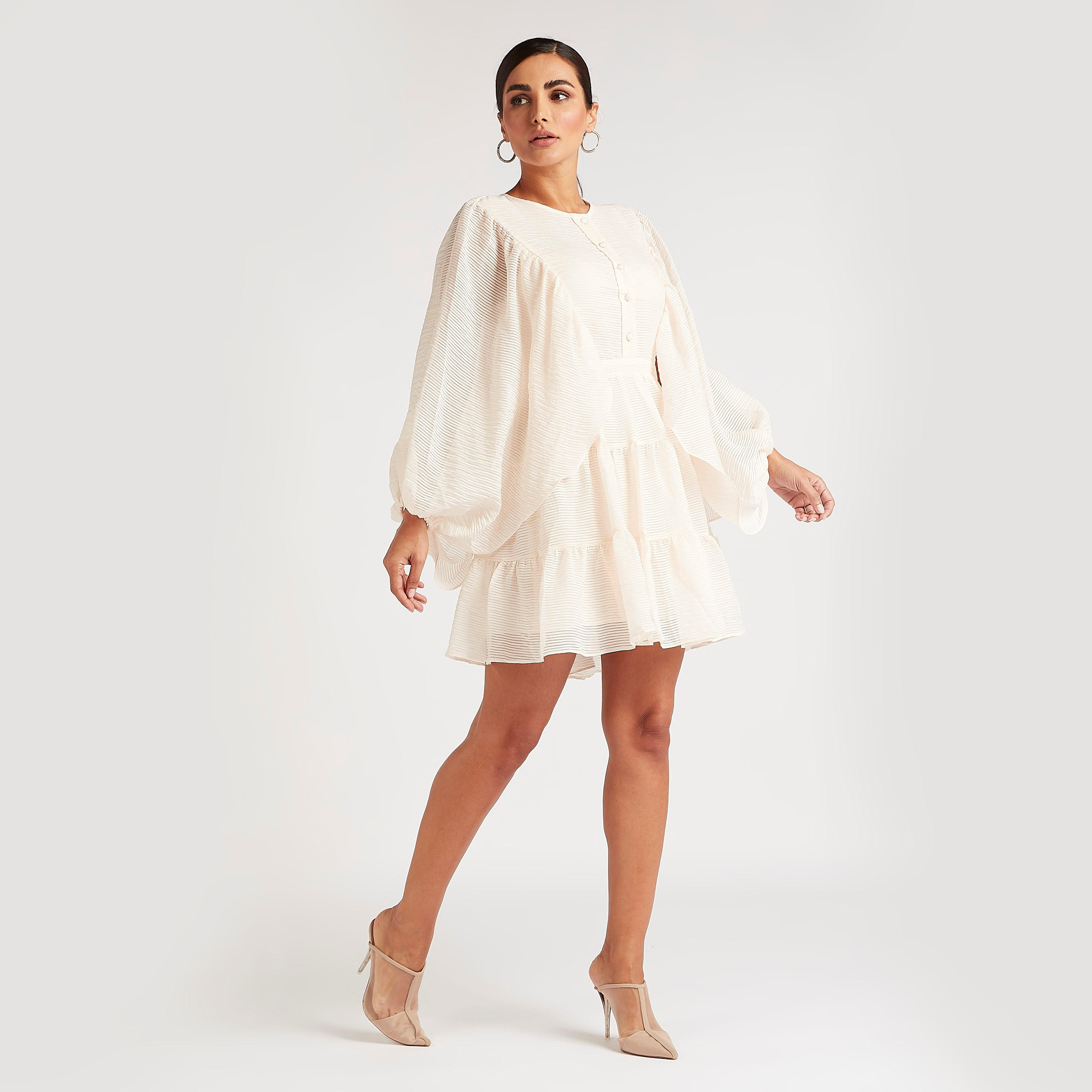 فستان واسع قصير بارز الملمس مع أكمام بيشوب-women-clothing-dresses-image-3