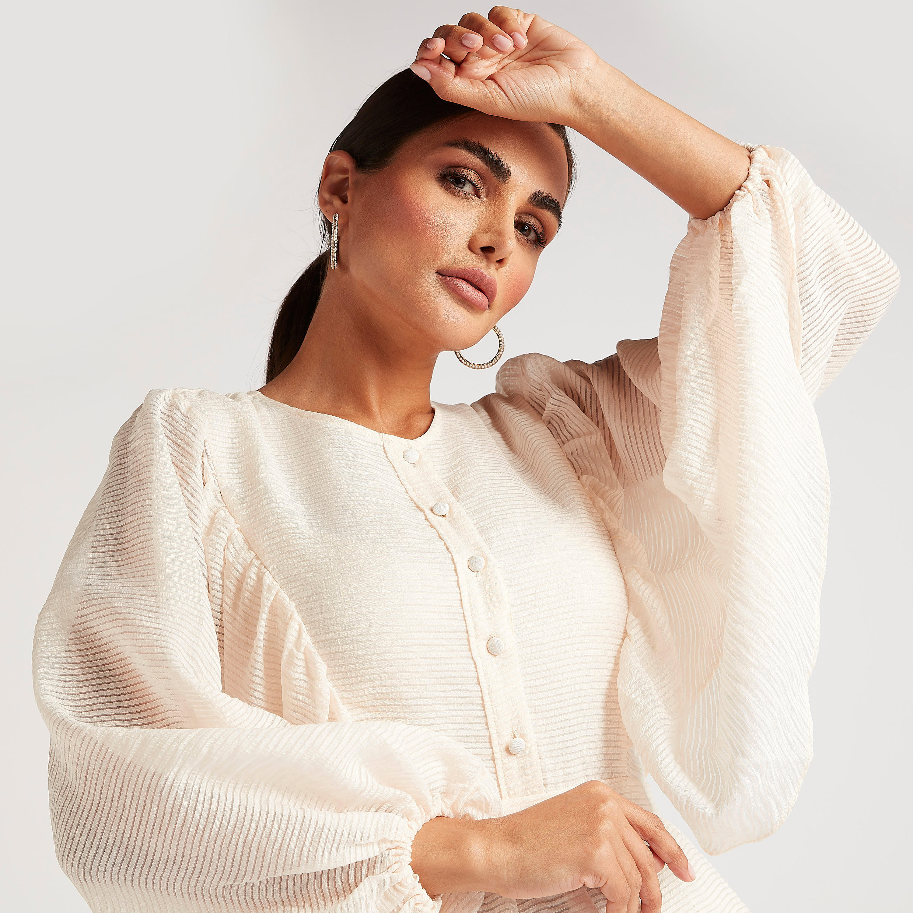 فستان واسع قصير بارز الملمس مع أكمام بيشوب-women-clothing-dresses-image-4