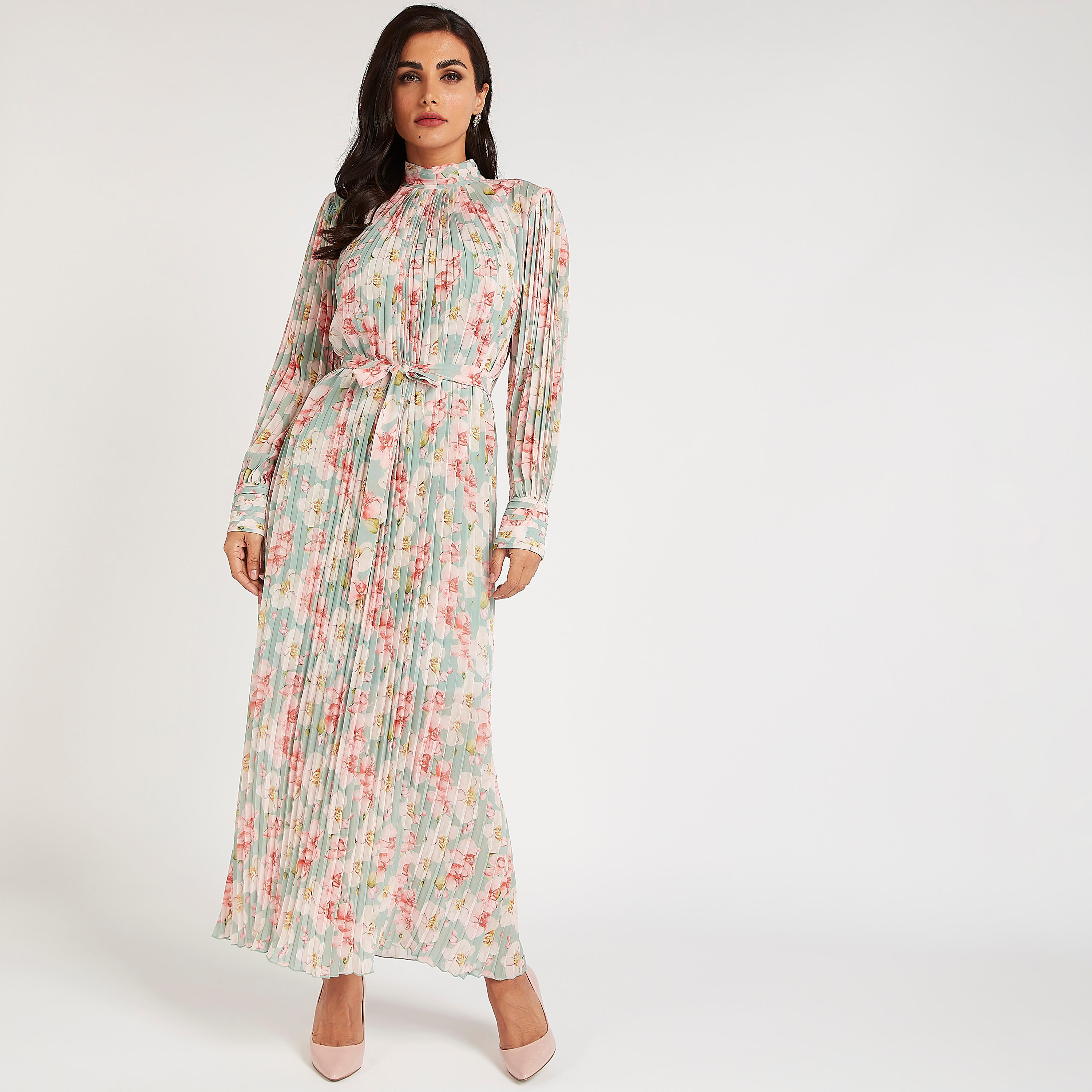 فستان إيه لاين طويل بياقة عالية وطبعات أزهار مع كشكشة وحزام رباط-women-clothing-dresses-image-1