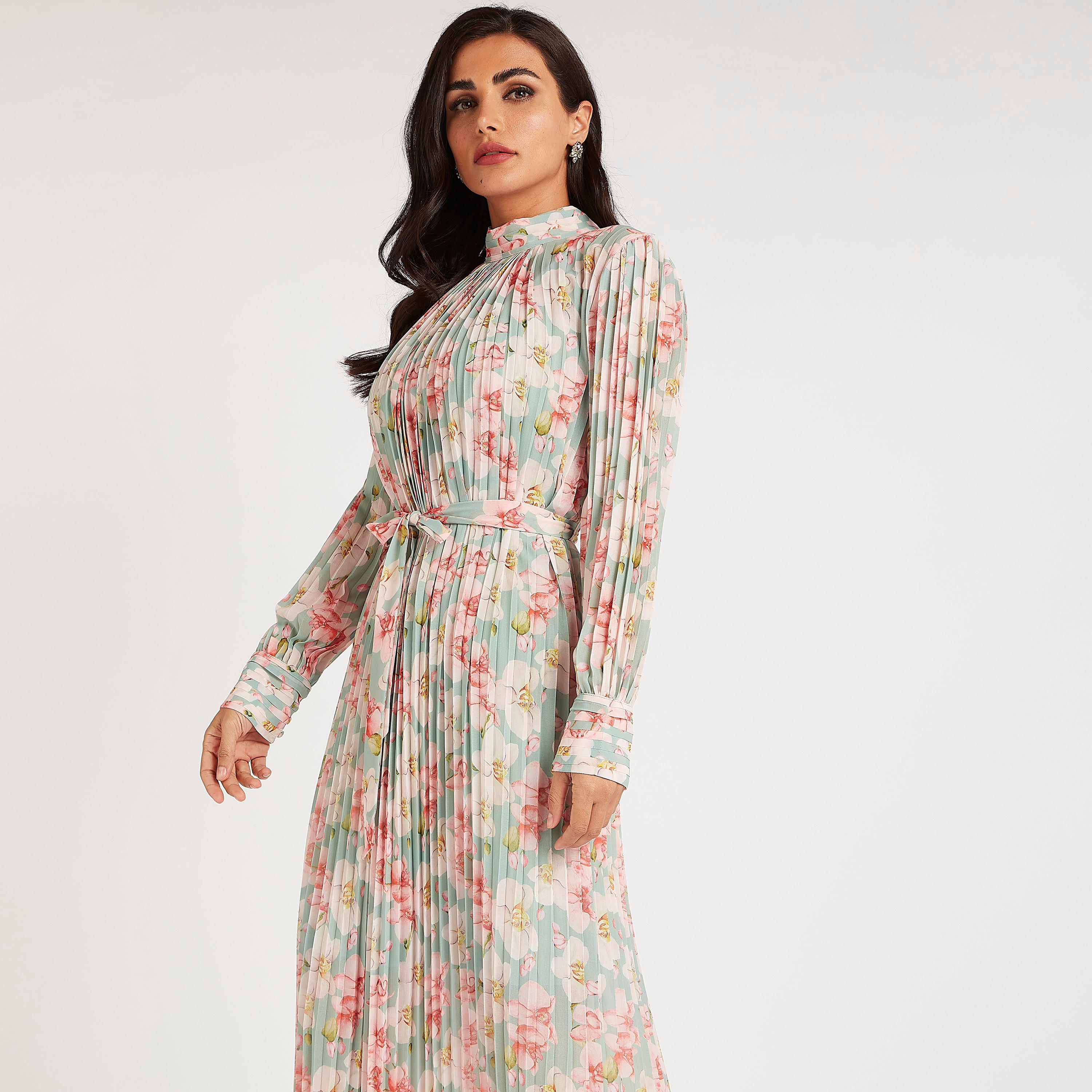 فستان إيه لاين طويل بياقة عالية وطبعات أزهار مع كشكشة وحزام رباط-women-clothing-dresses-image-2