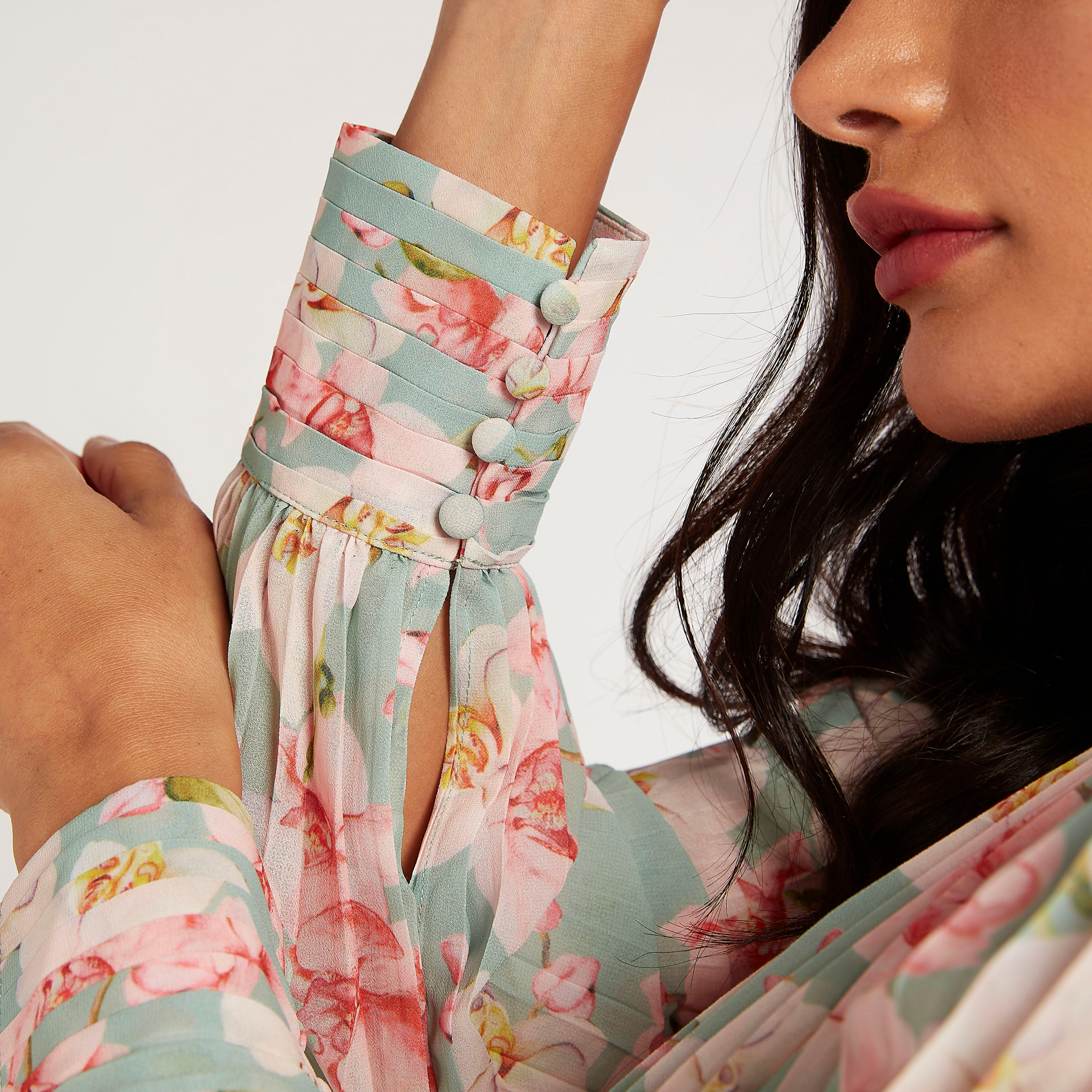 فستان إيه لاين طويل بياقة عالية وطبعات أزهار مع كشكشة وحزام رباط-women-clothing-dresses-image-3