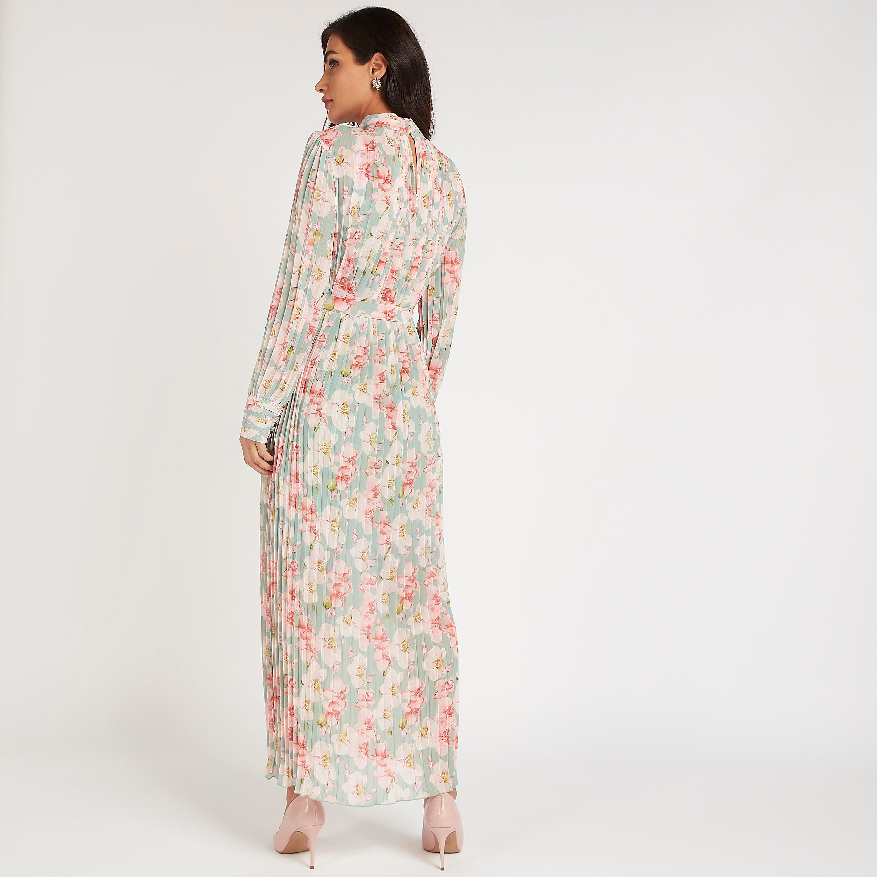 فستان إيه لاين طويل بياقة عالية وطبعات أزهار مع كشكشة وحزام رباط-women-clothing-dresses-image-4