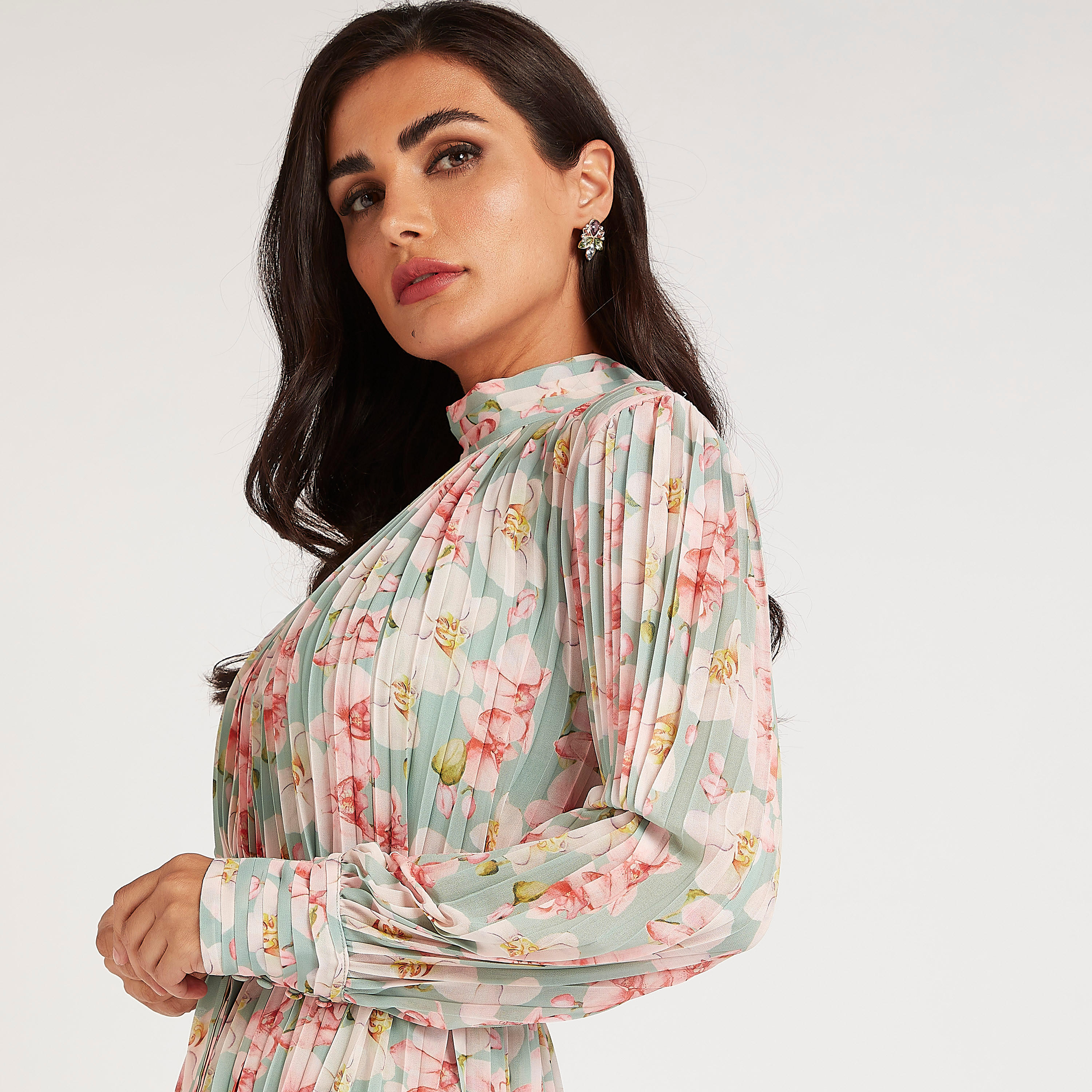 فستان إيه لاين طويل بياقة عالية وطبعات أزهار مع كشكشة وحزام رباط-women-clothing-dresses-image-5