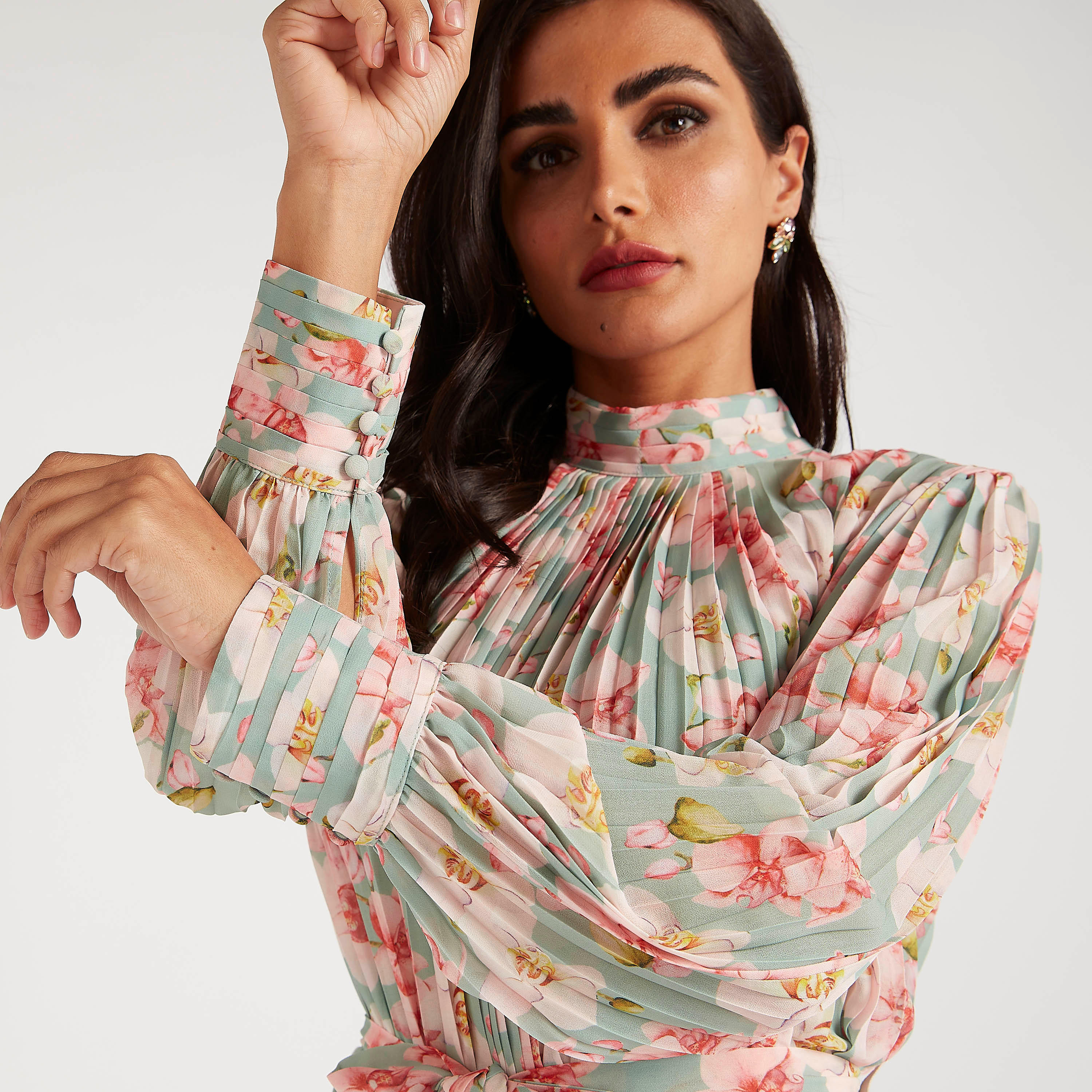 فستان إيه لاين طويل بياقة عالية وطبعات أزهار مع كشكشة وحزام رباط-women-clothing-dresses-image-6