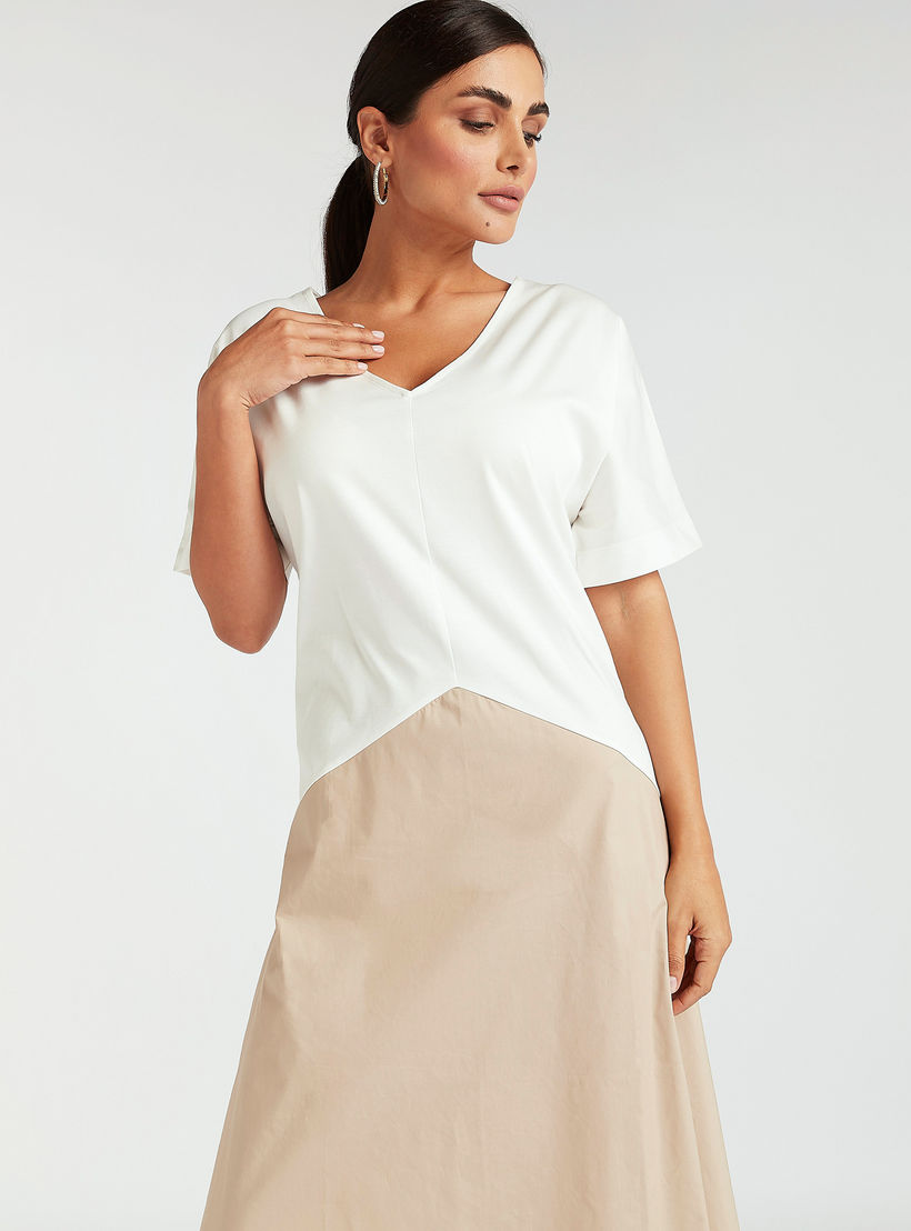 فستان إيه لاين سادة ميدي بياقة V وأكمام قصيرة-women-clothing-dresses-image-4