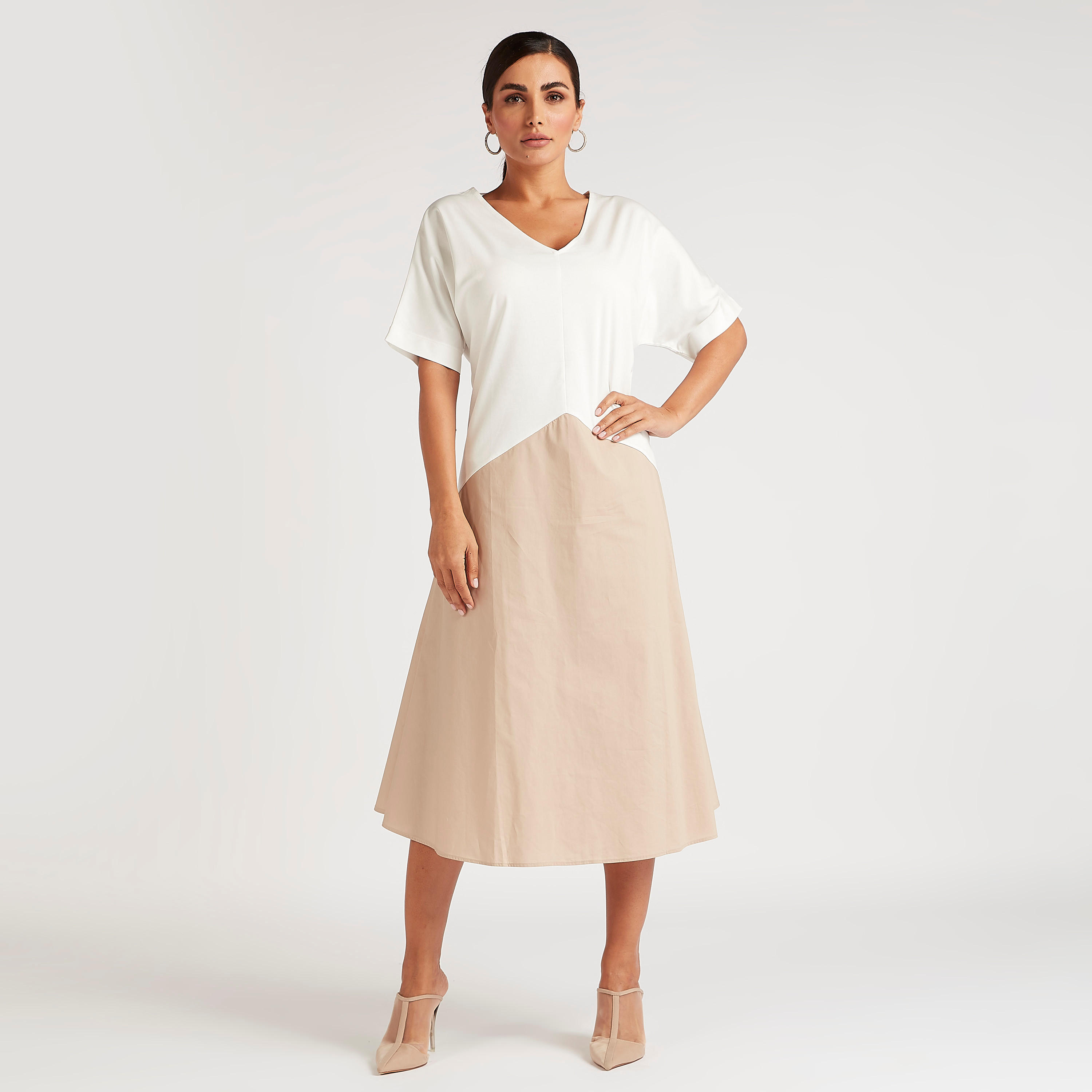 فستان إيه لاين سادة ميدي بياقة V وأكمام قصيرة-women-clothing-dresses-image-3