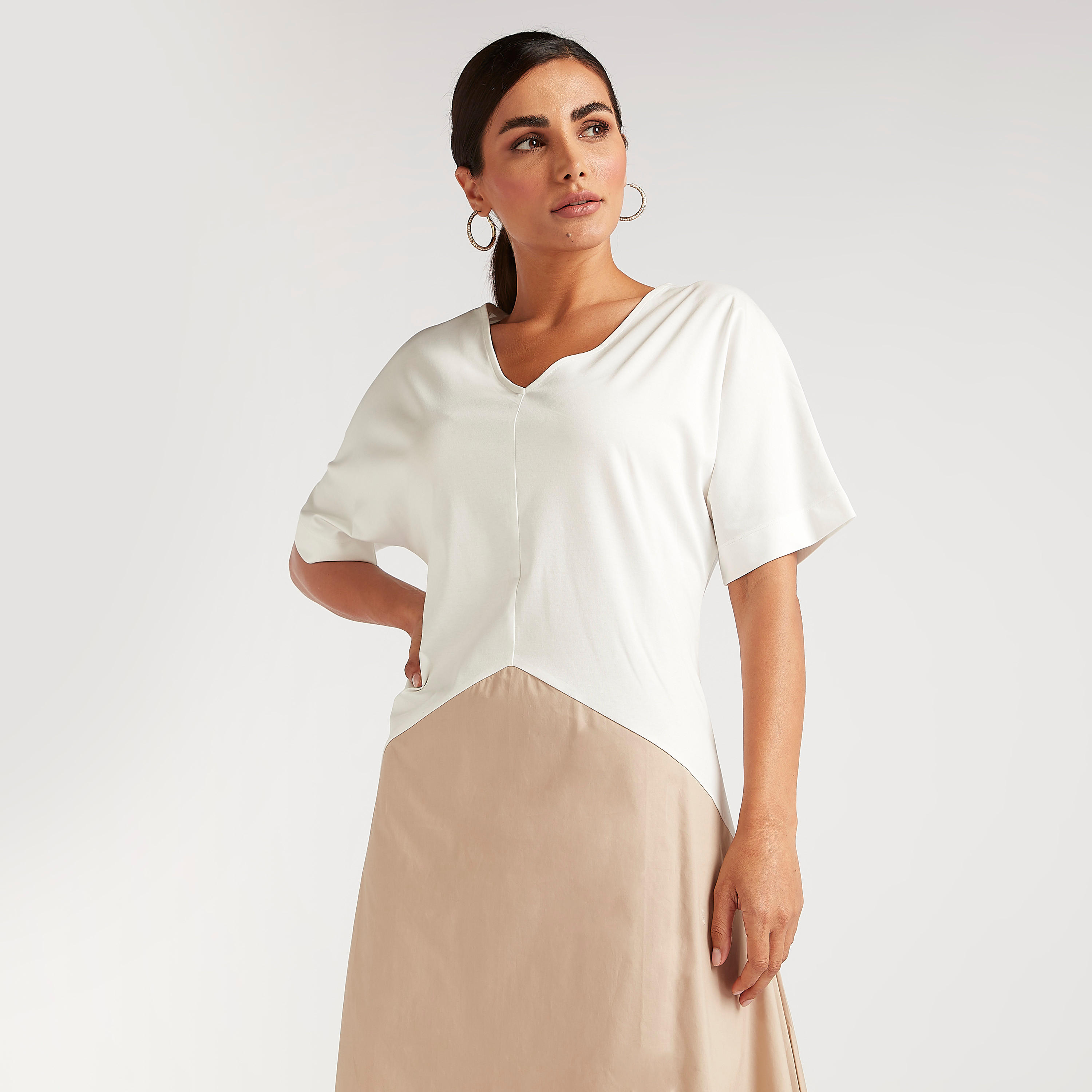 فستان إيه لاين سادة ميدي بياقة V وأكمام قصيرة-women-clothing-dresses-image-2