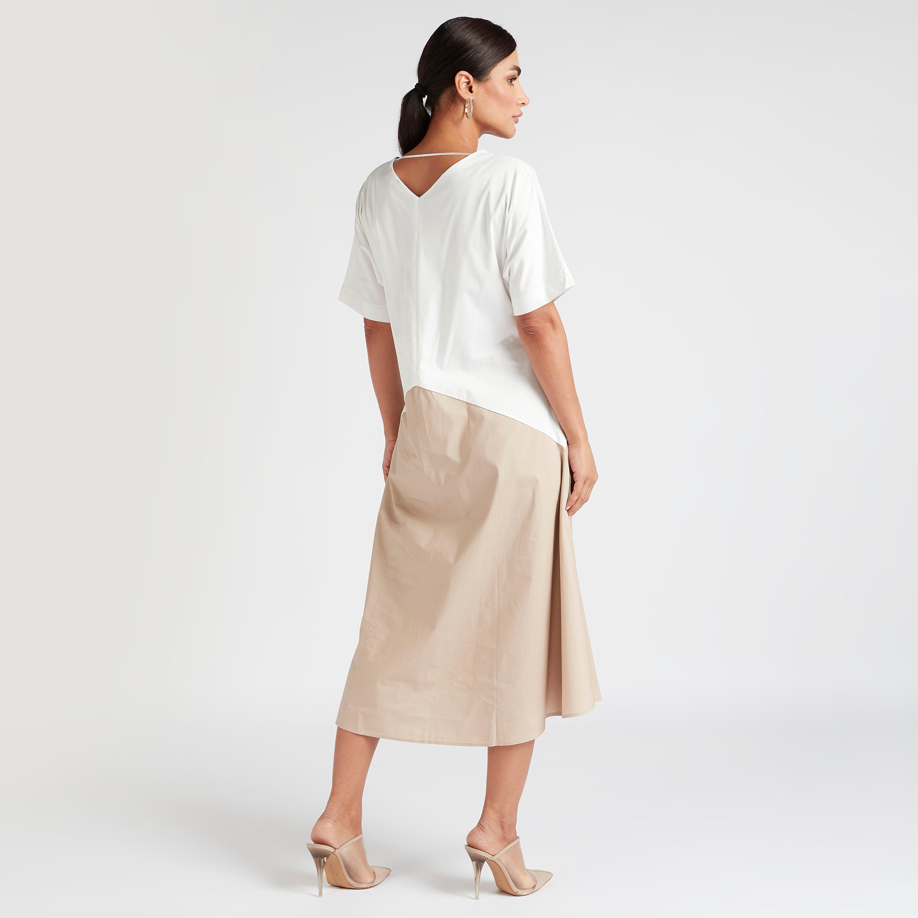 فستان إيه لاين سادة ميدي بياقة V وأكمام قصيرة-women-clothing-dresses-image-1