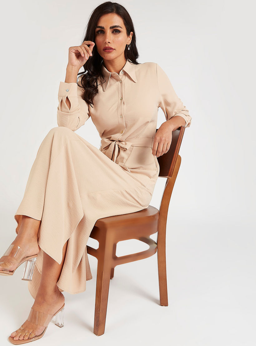 فستان قميص طويل بارز الملمس بياقة عادية ورباط وفتحة-women-clothing-dresses-image-6