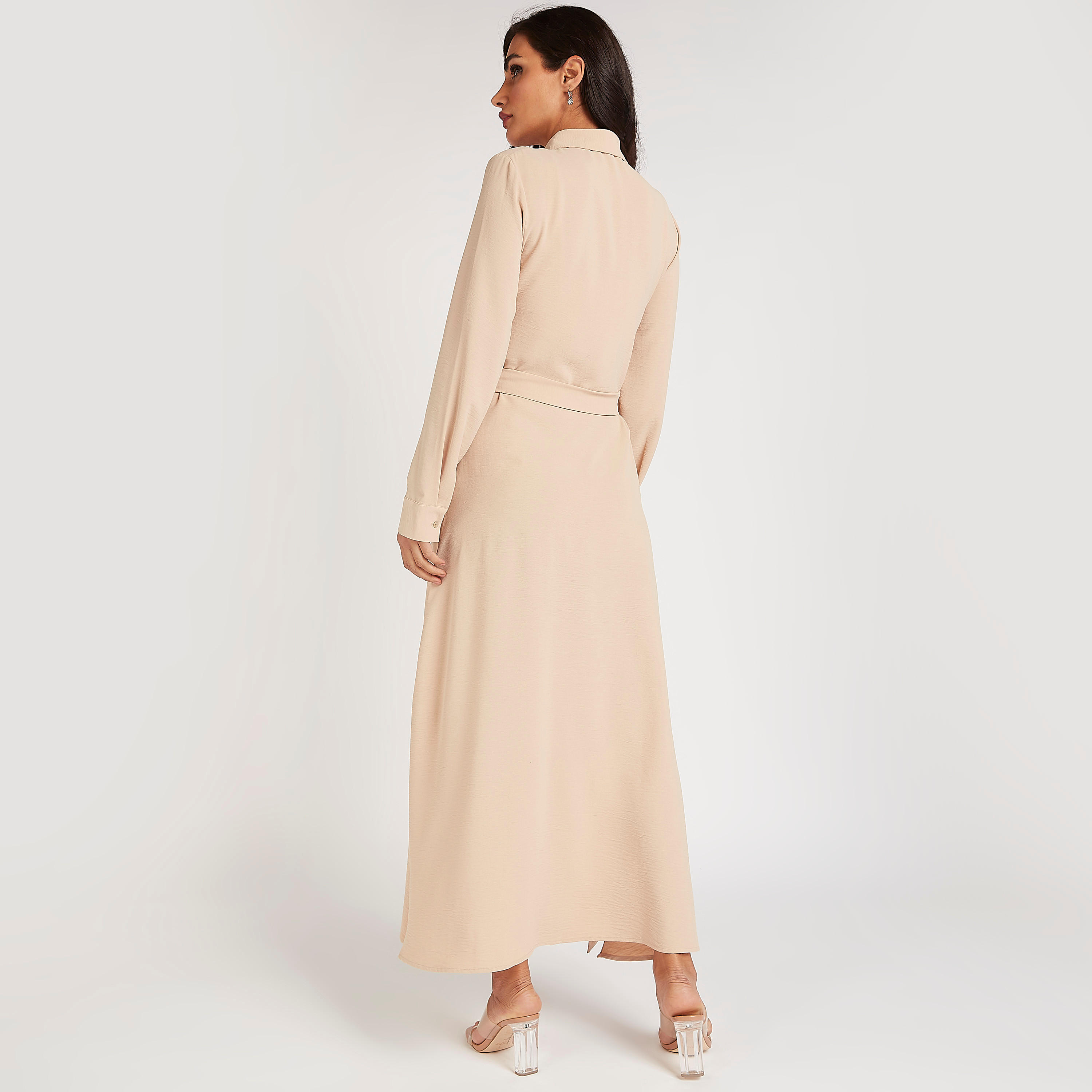 فستان قميص طويل بارز الملمس بياقة عادية ورباط وفتحة-women-clothing-dresses-image-4