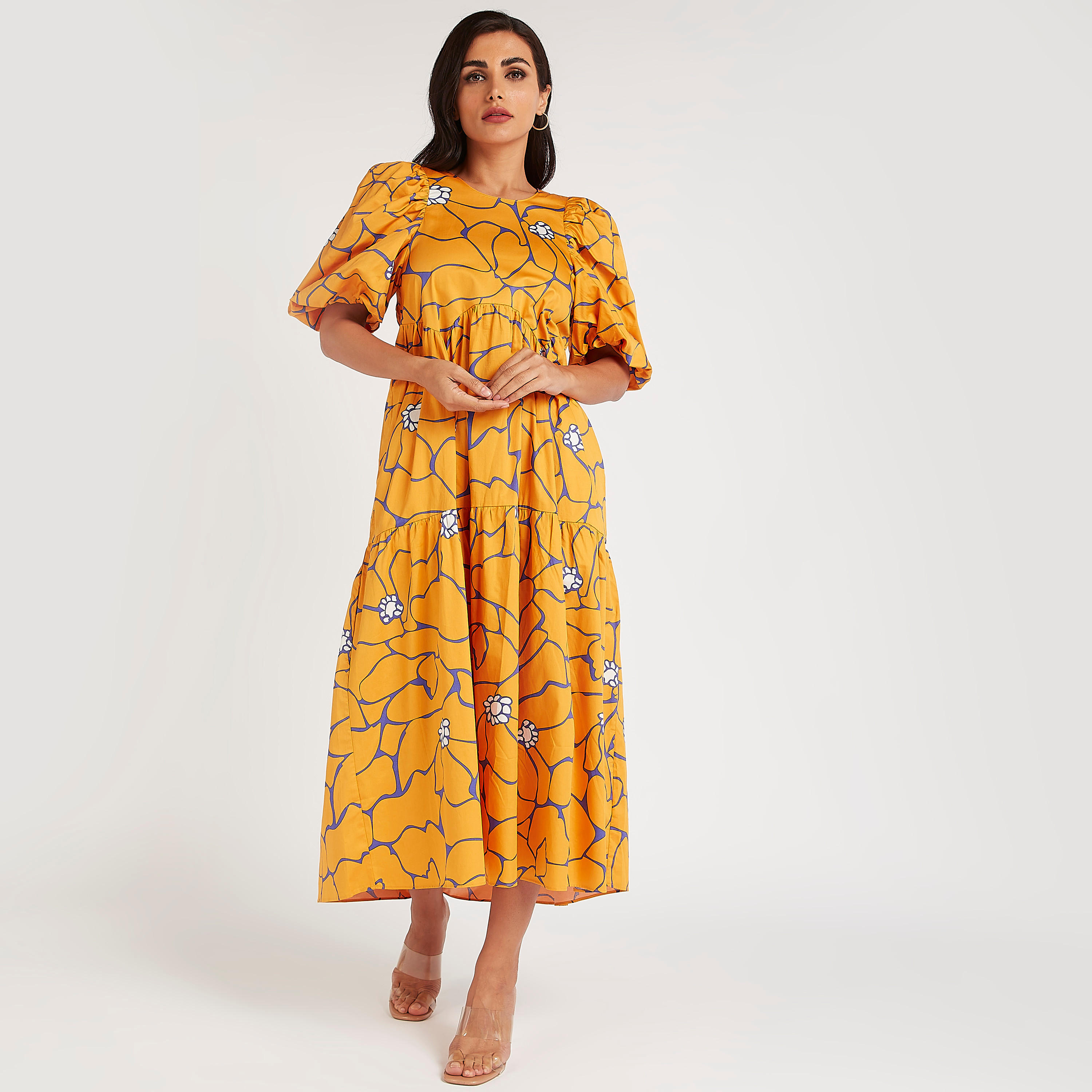 فستان ميدي إيه لاين متعدّد الطبقات بطبعات أزهار وأكمام منفوخة-women-clothing-dresses-image-2