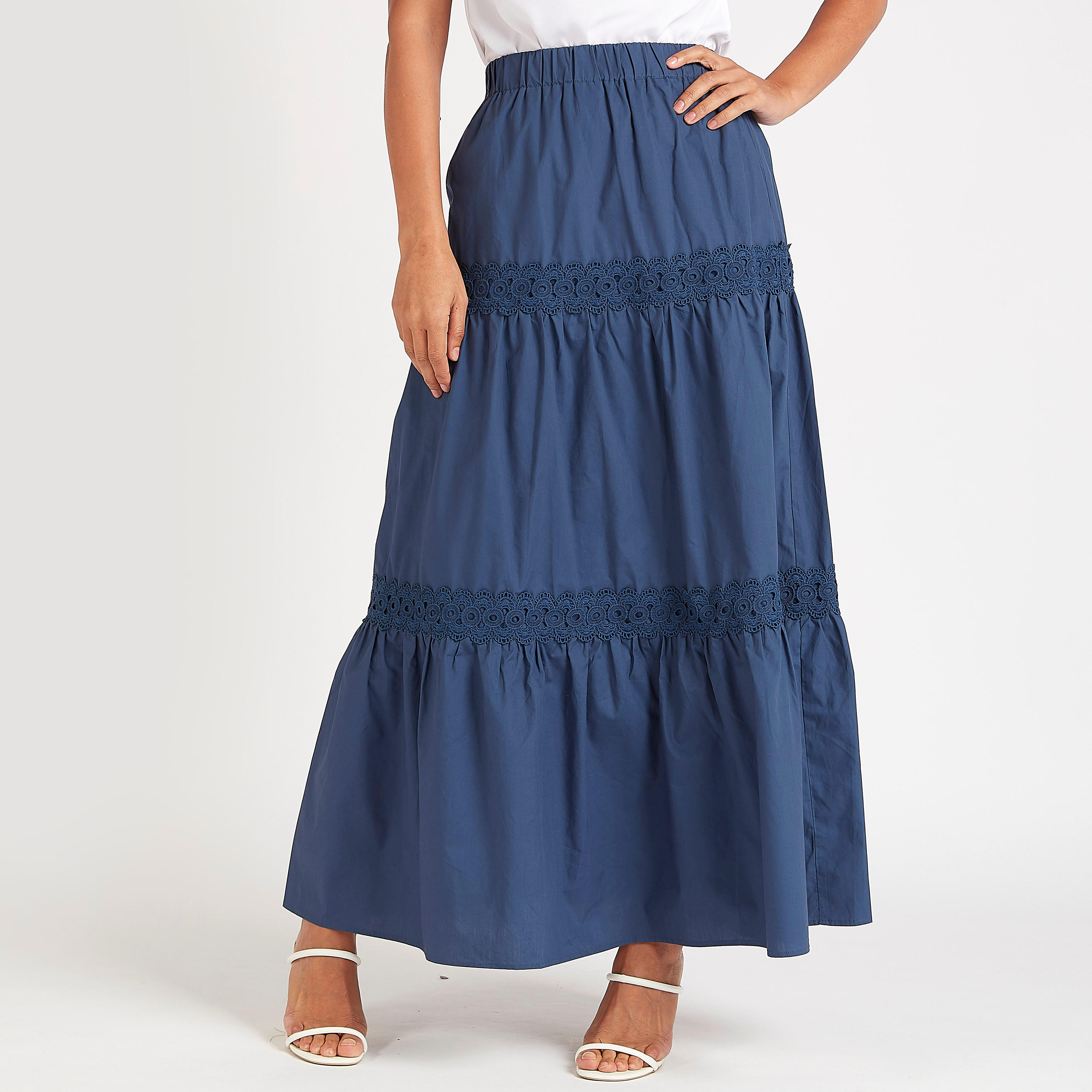 تنّورة إيه لاين متعدّدة الطبقات مع خصر مطّاطي وتفاصيل دانتيل-women-clothing-bottoms-skirts-image-1