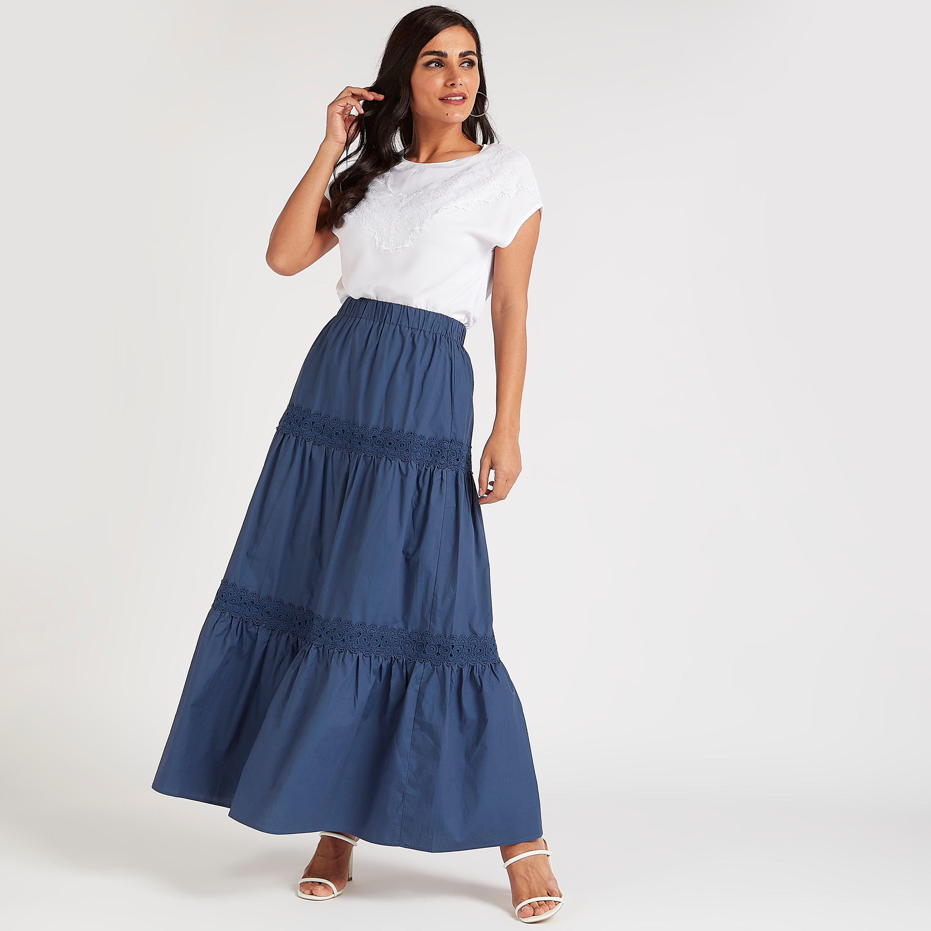 تنّورة إيه لاين متعدّدة الطبقات مع خصر مطّاطي وتفاصيل دانتيل-women-clothing-bottoms-skirts-image-2