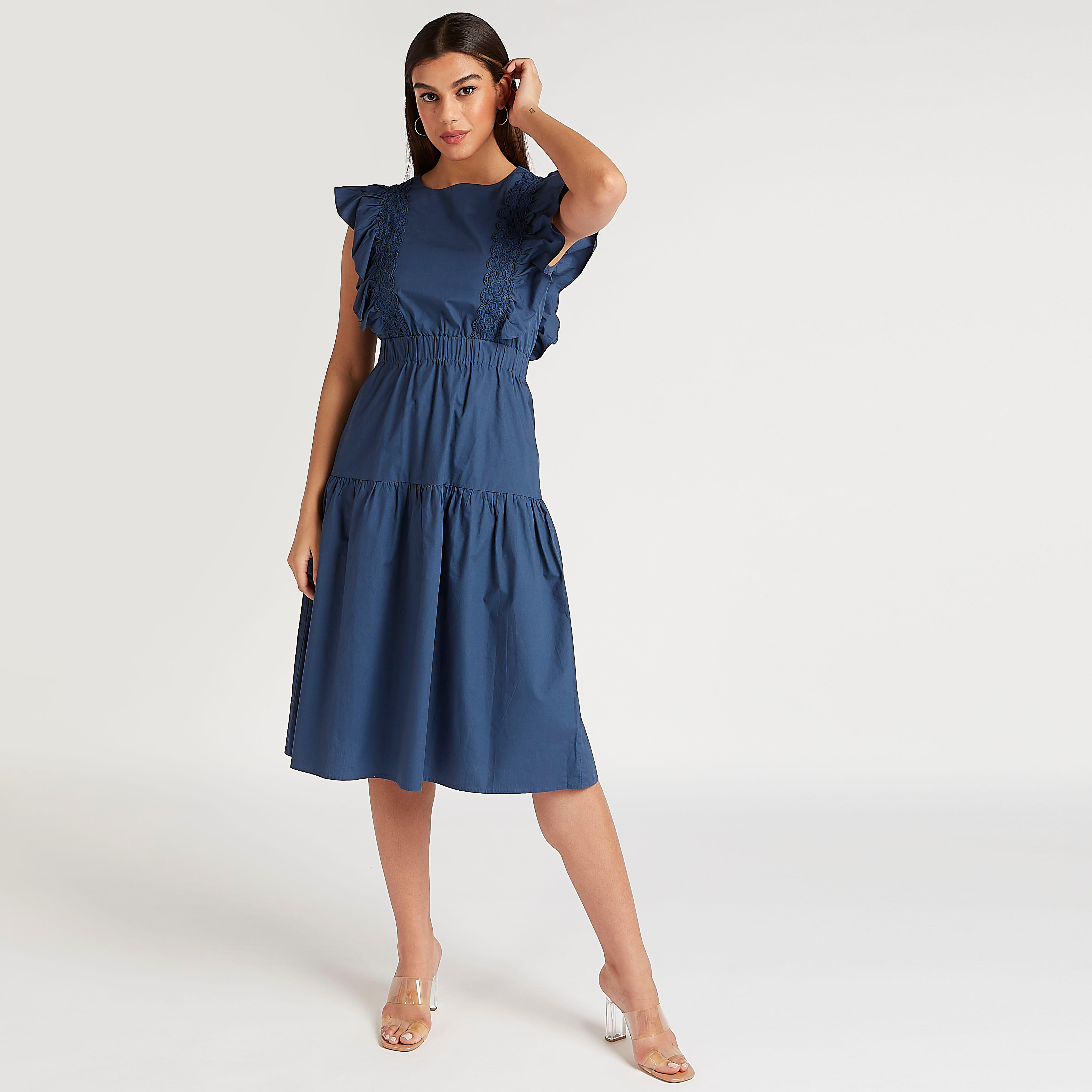 فستان إيه لاين ميدي بأكمام كاب وتفاصيل دانتيل-women-clothing-dresses-image-2