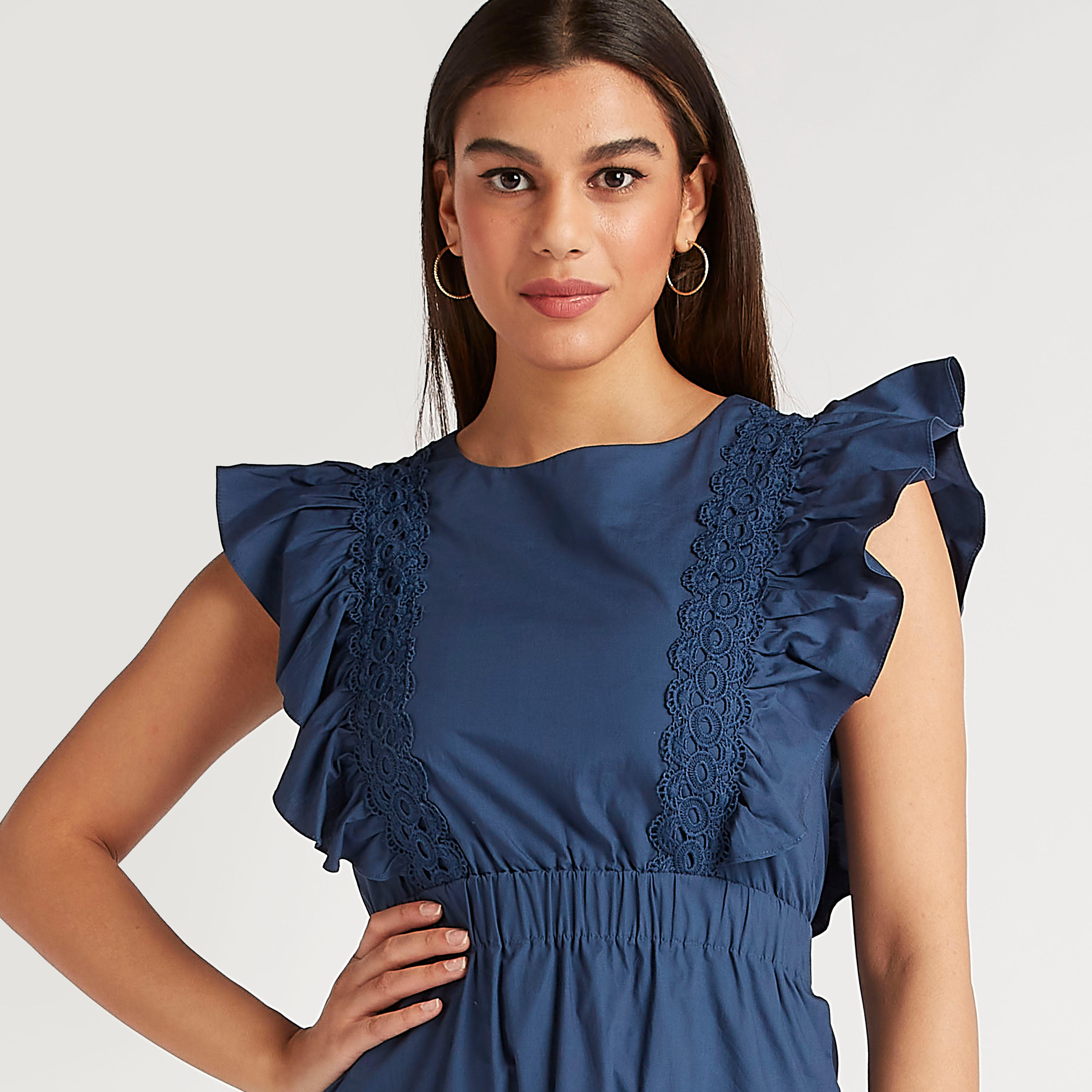 فستان إيه لاين ميدي بأكمام كاب وتفاصيل دانتيل-women-clothing-dresses-image-3