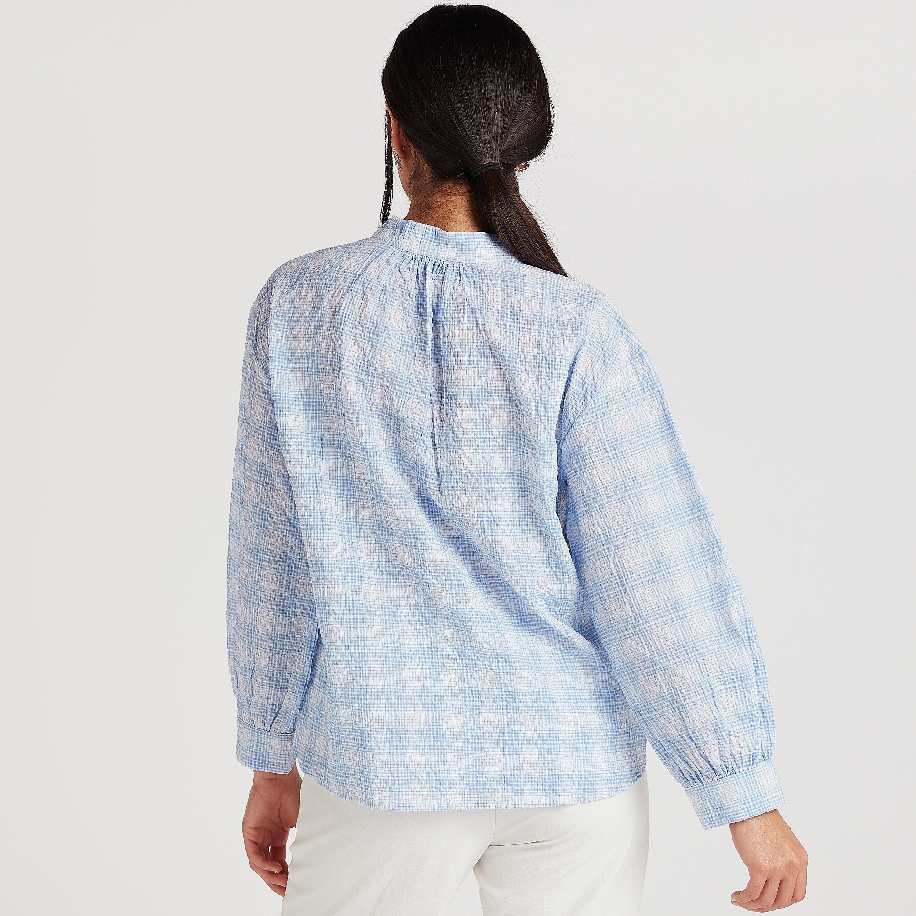 بلوزة كاروهات بياقة عادية وأكمام طويلة وأربطة-women-clothing-shirtsandblouses-blouses-image-3