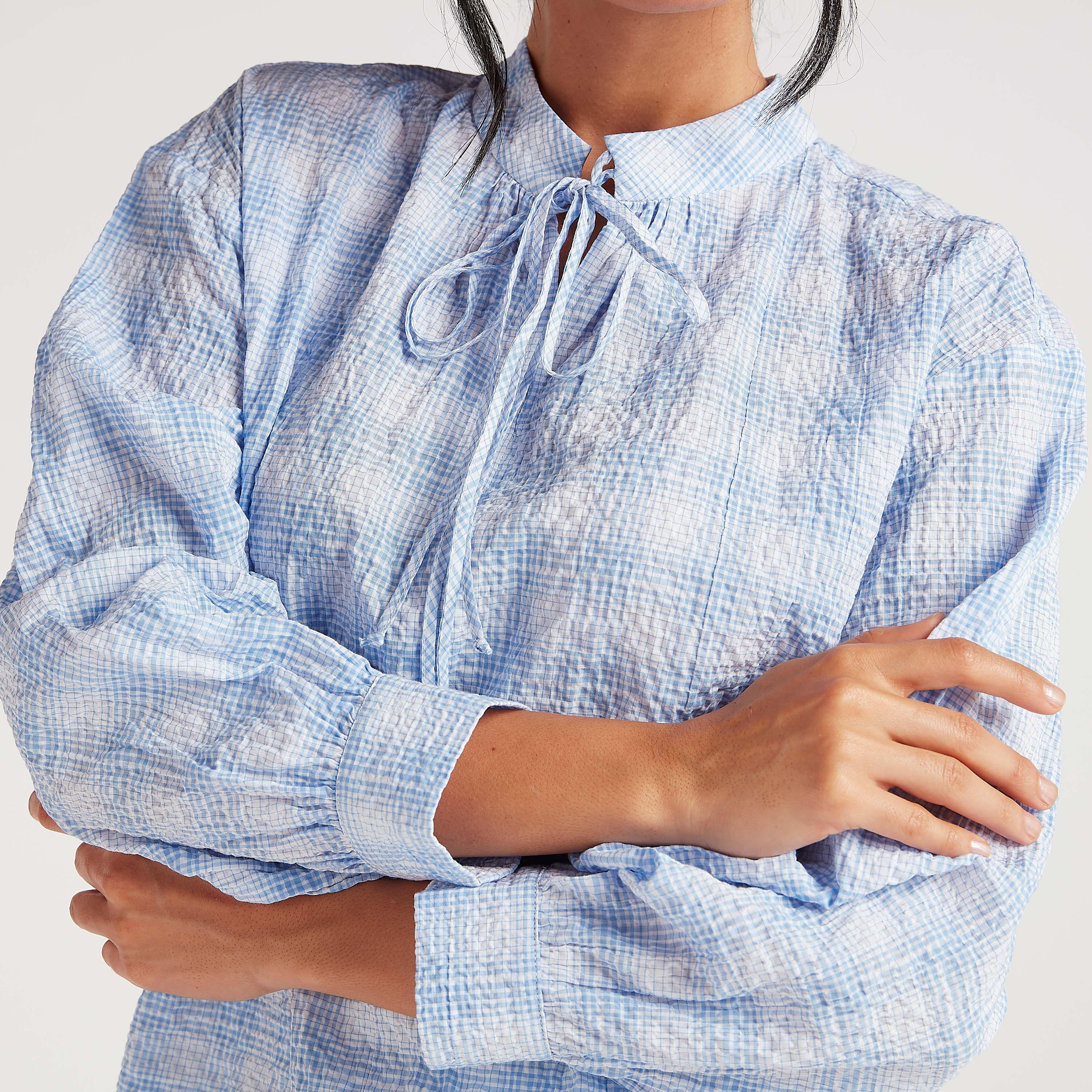 بلوزة كاروهات بياقة عادية وأكمام طويلة وأربطة-women-clothing-shirtsandblouses-blouses-image-4