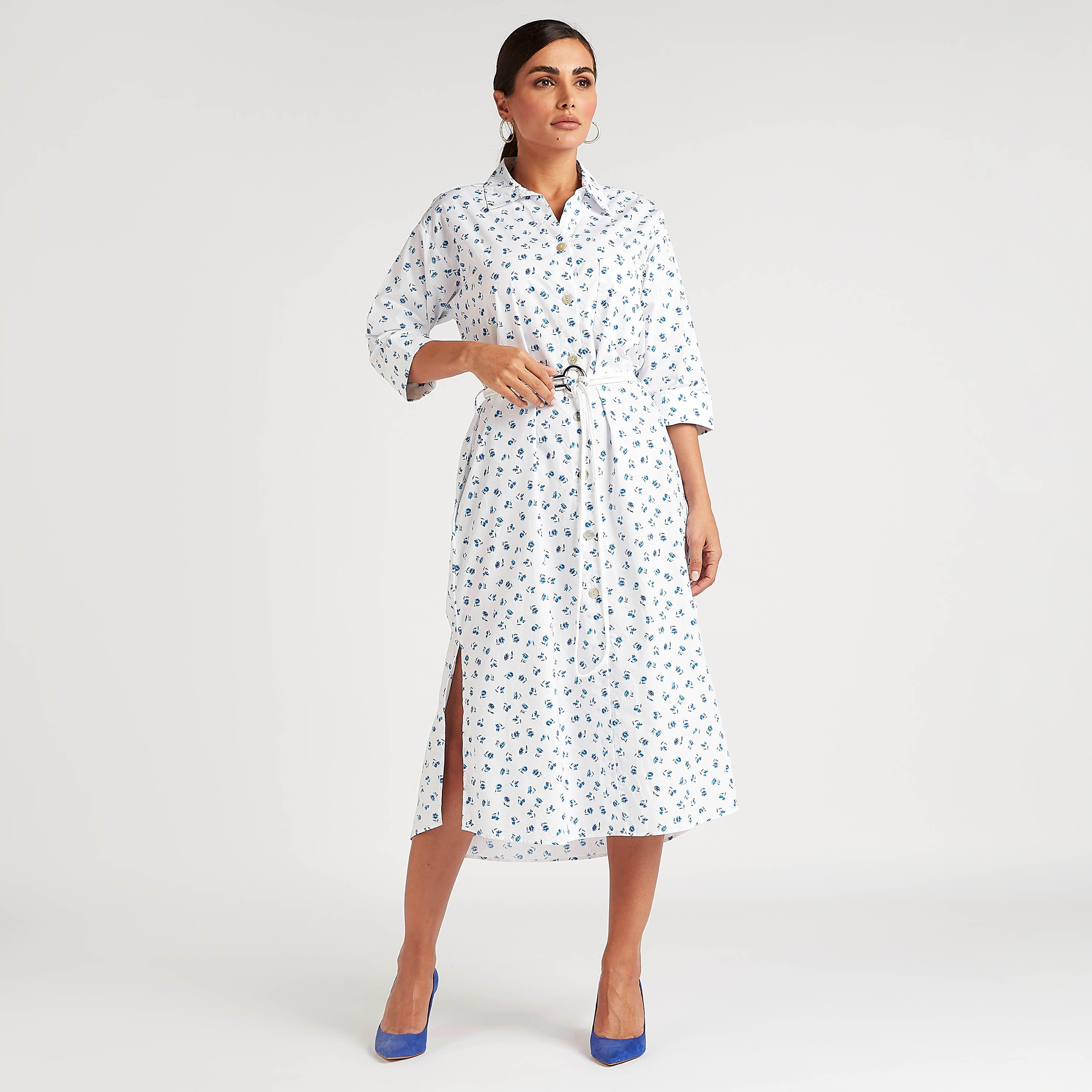 فستان قميص ميدي بطبعات أزهار وياقة عادية وحزام-women-clothing-dresses-image-1