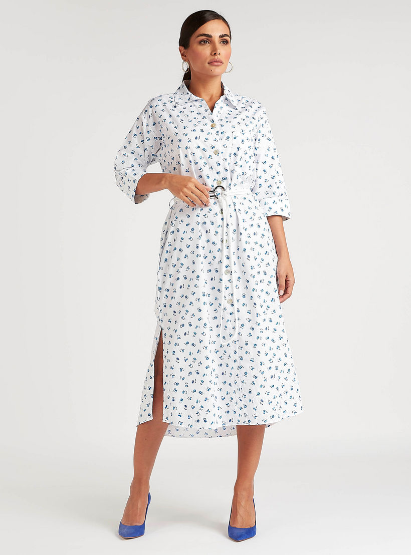 فستان قميص ميدي بطبعات أزهار وياقة عادية وحزام-women-clothing-dresses-image-1